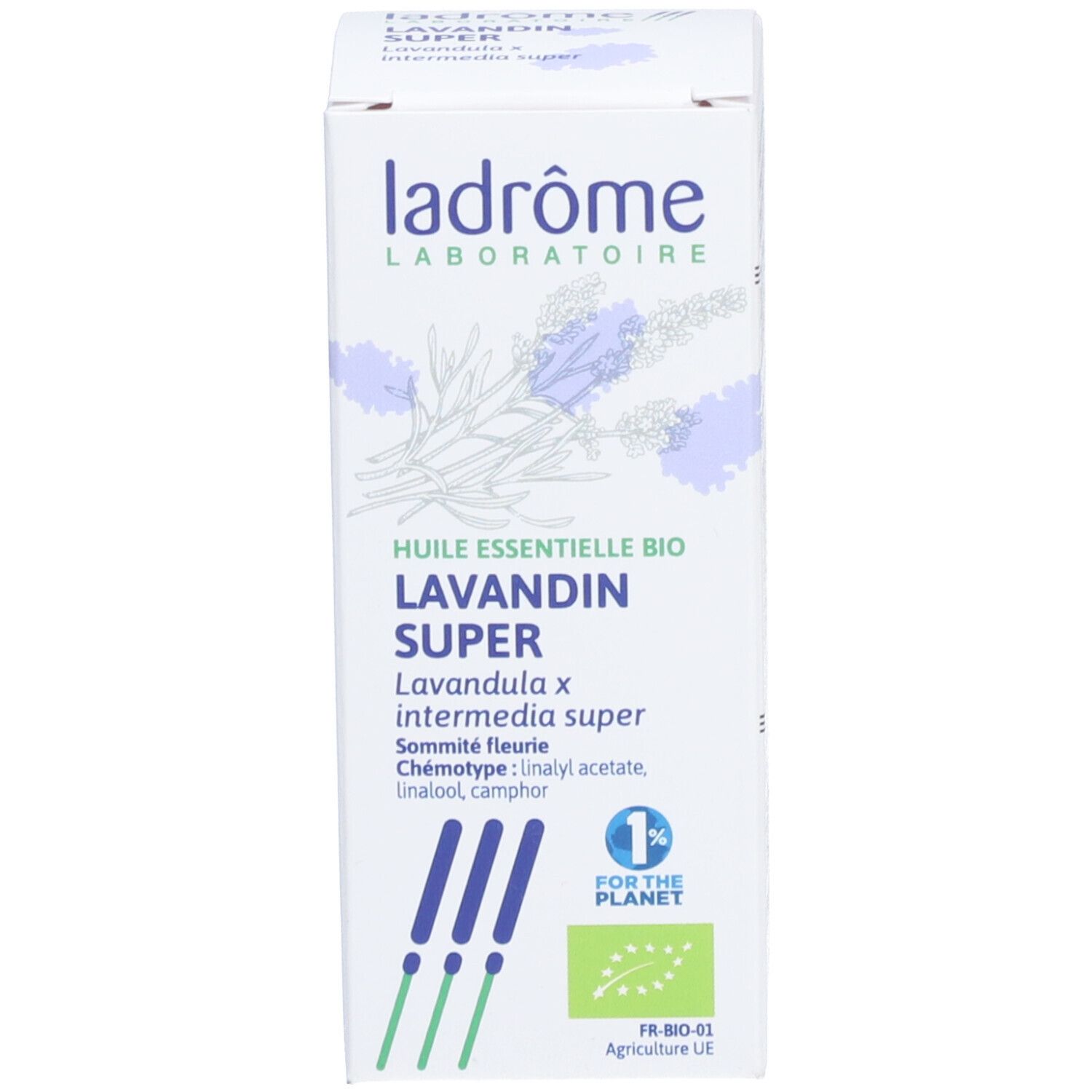 Weiße Produktverpackung mit Text und Logo von Ladrome. Bio-Zertifizierung und Illustrationen.