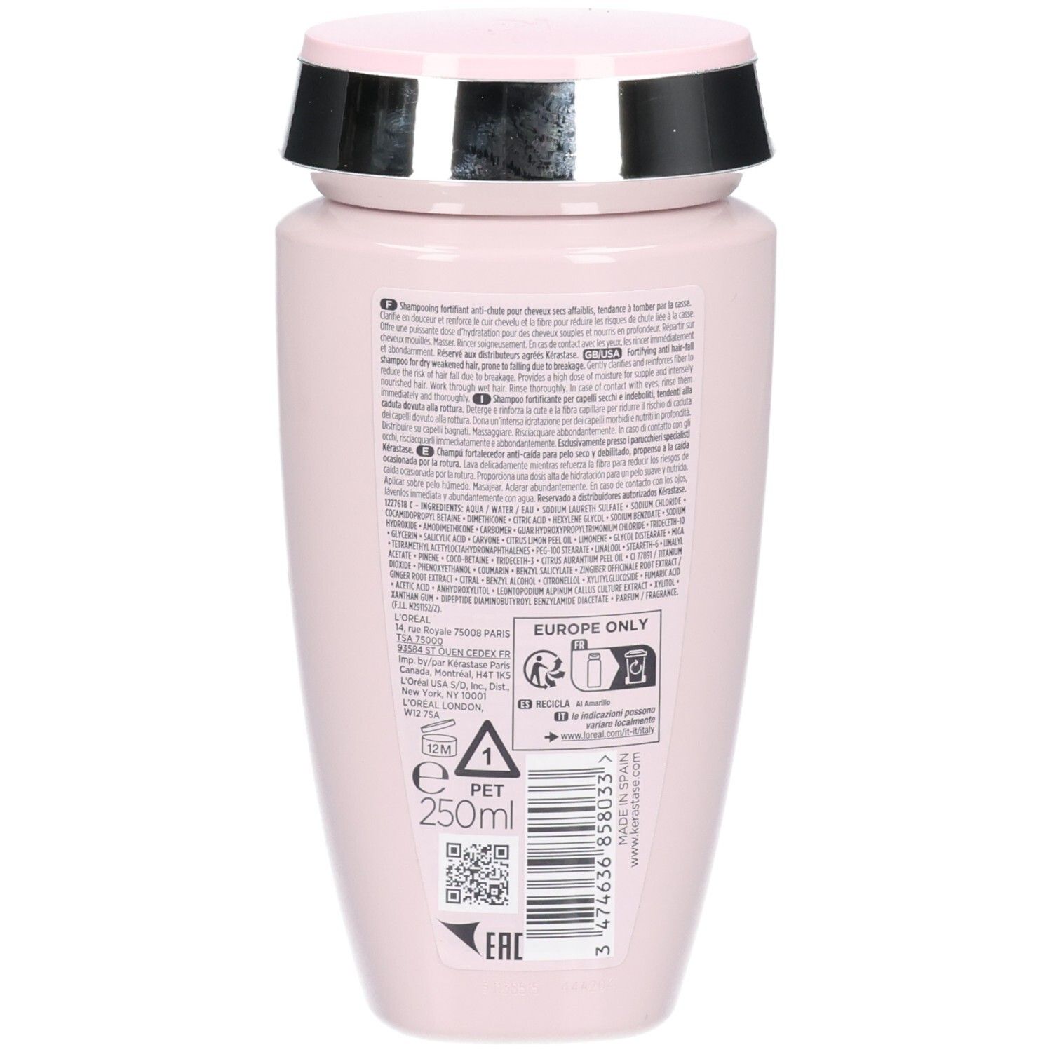 Rückseite der rosa Kérastase Genesis Bain Nutri-Fortifiant Shampoo Flasche mit Details.