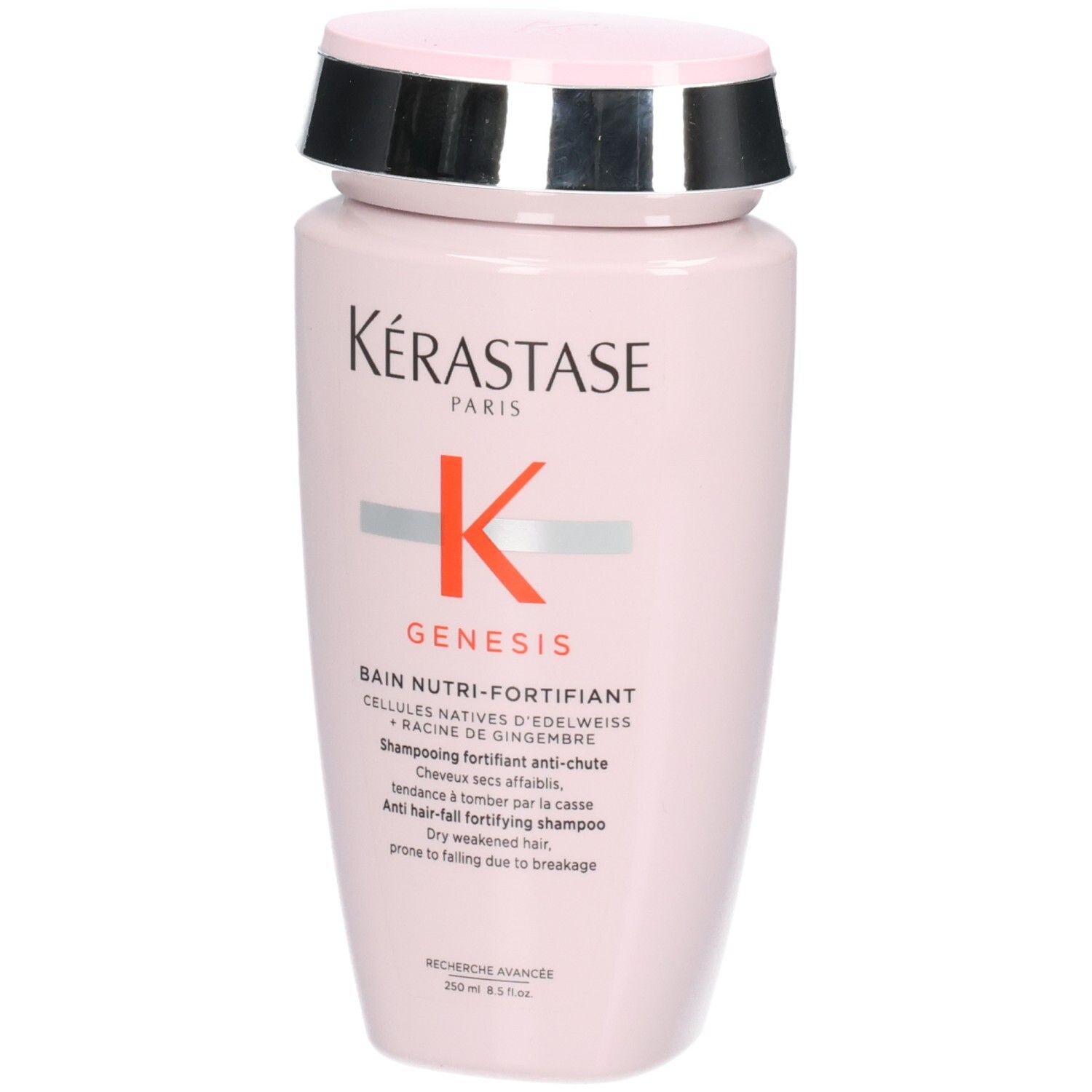 Kérastase Genesis Bain Nutri-Fortifiant Shampoo, 250ml, rosa Flasche, Vorderansicht.