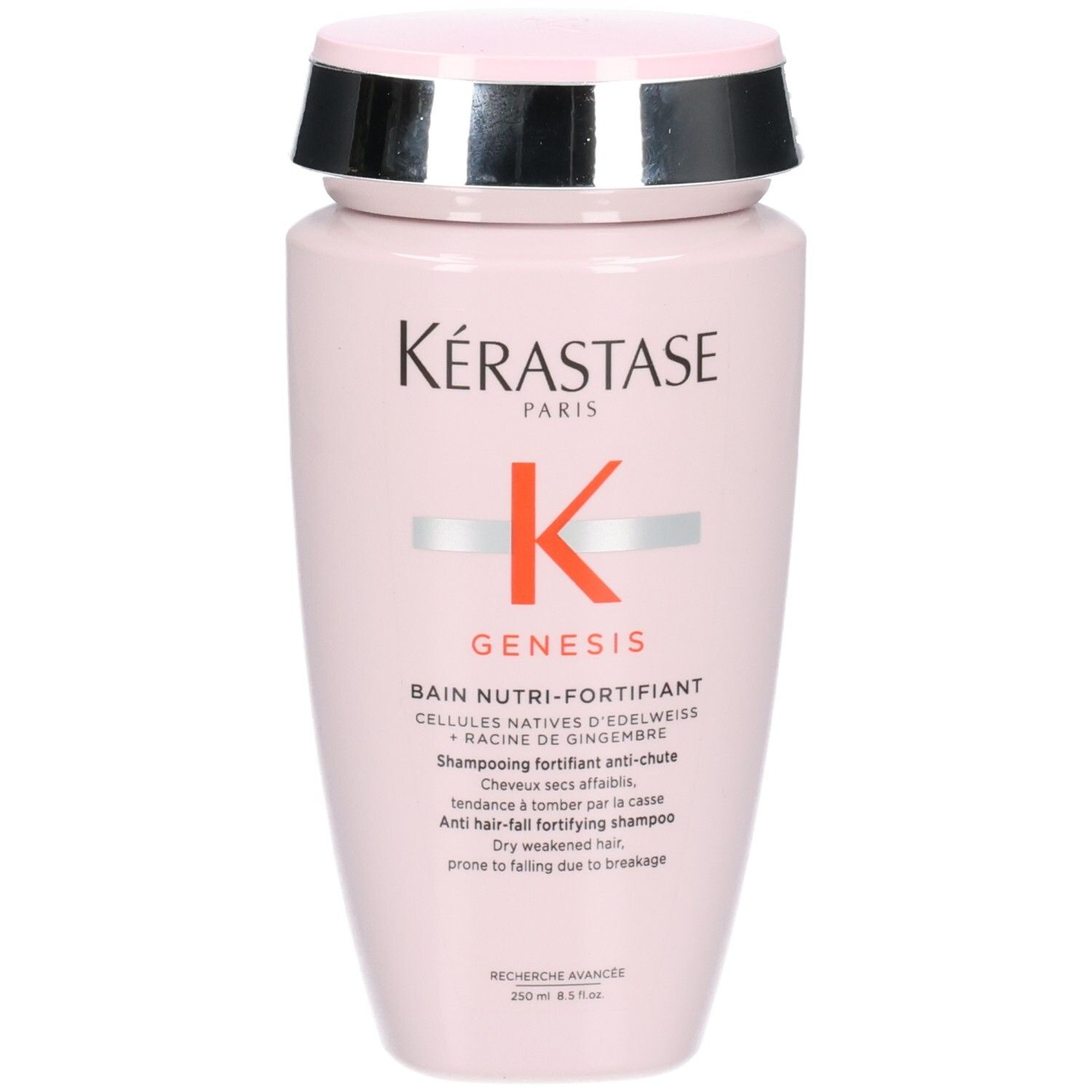 Vorderansicht der rosa Kérastase Genesis Bain Nutri-Fortifiant Shampoo Flasche.