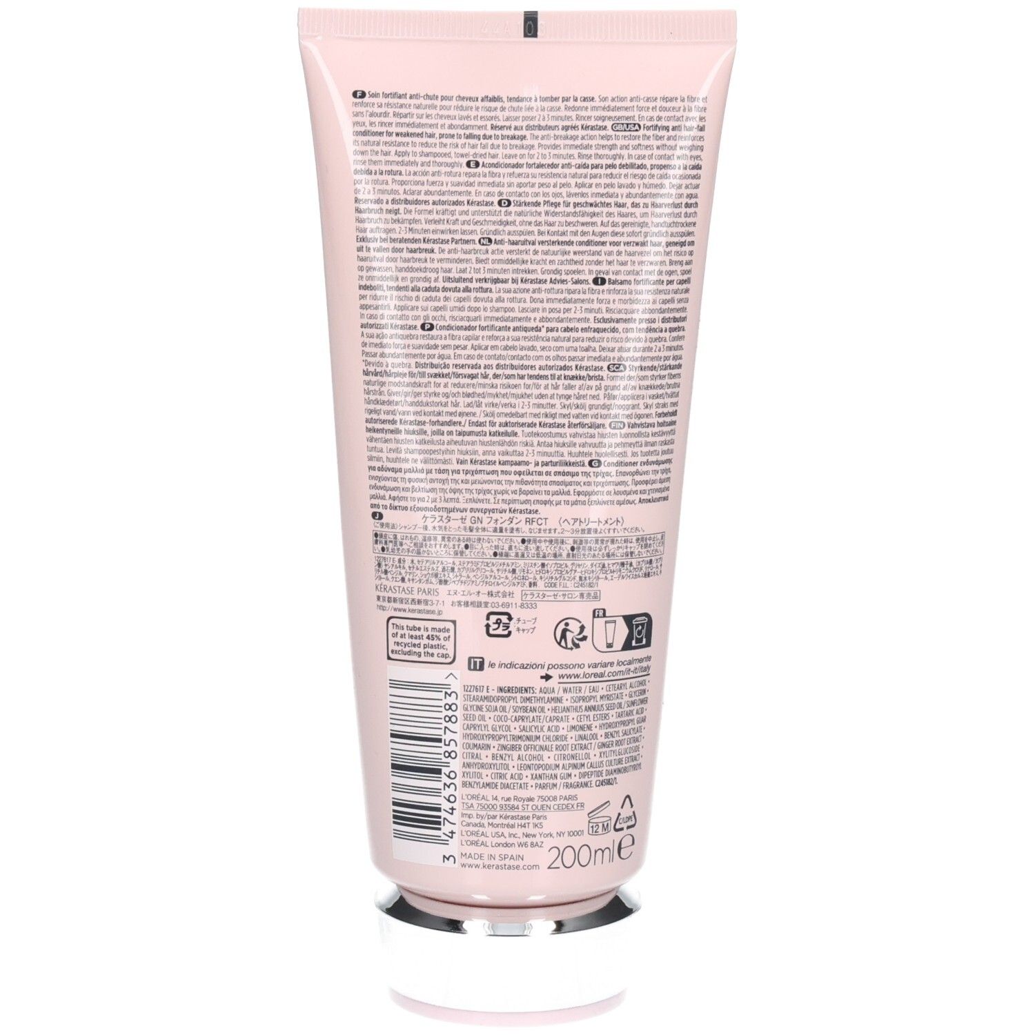 Rückseite der Kérastase Genesis Fondant Renforçateur Tube, 200ml. Enthält Anwendungshinweise und Inhaltsstoffe.