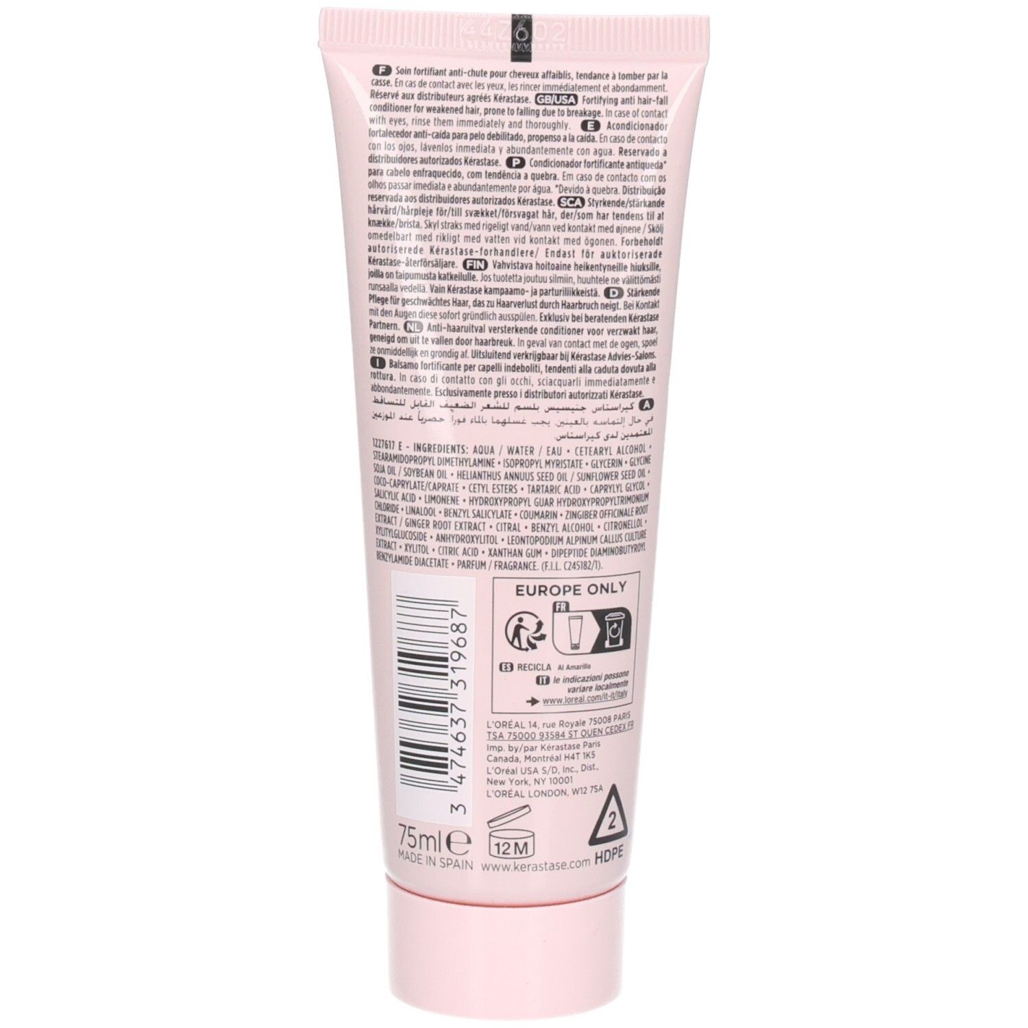 Rückseite der Kérastase Genesis Fondant Renforçateur Tube mit Inhaltsstoffen und Anwendungshinweisen.