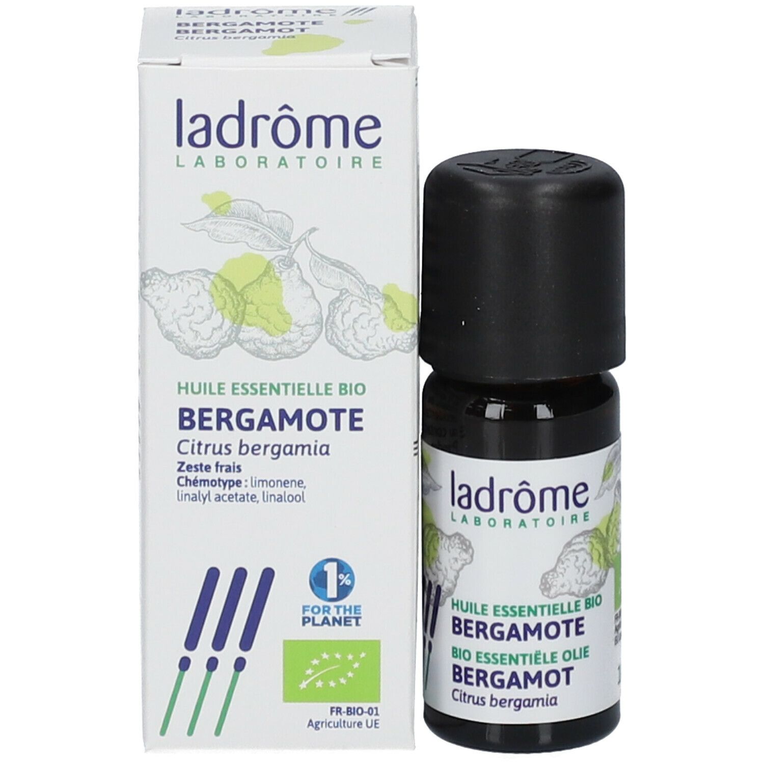 Flacon en verre brun et boîte avec informations produit. Inscription : Ladrôme, huile de bergamote. Certification bio.