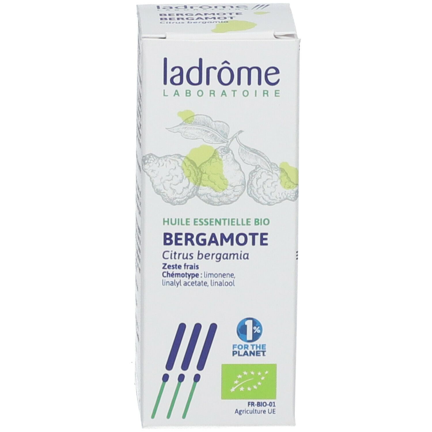 Boîte avec informations produit. Inscription : Ladrôme, huile de bergamote. Certification bio.