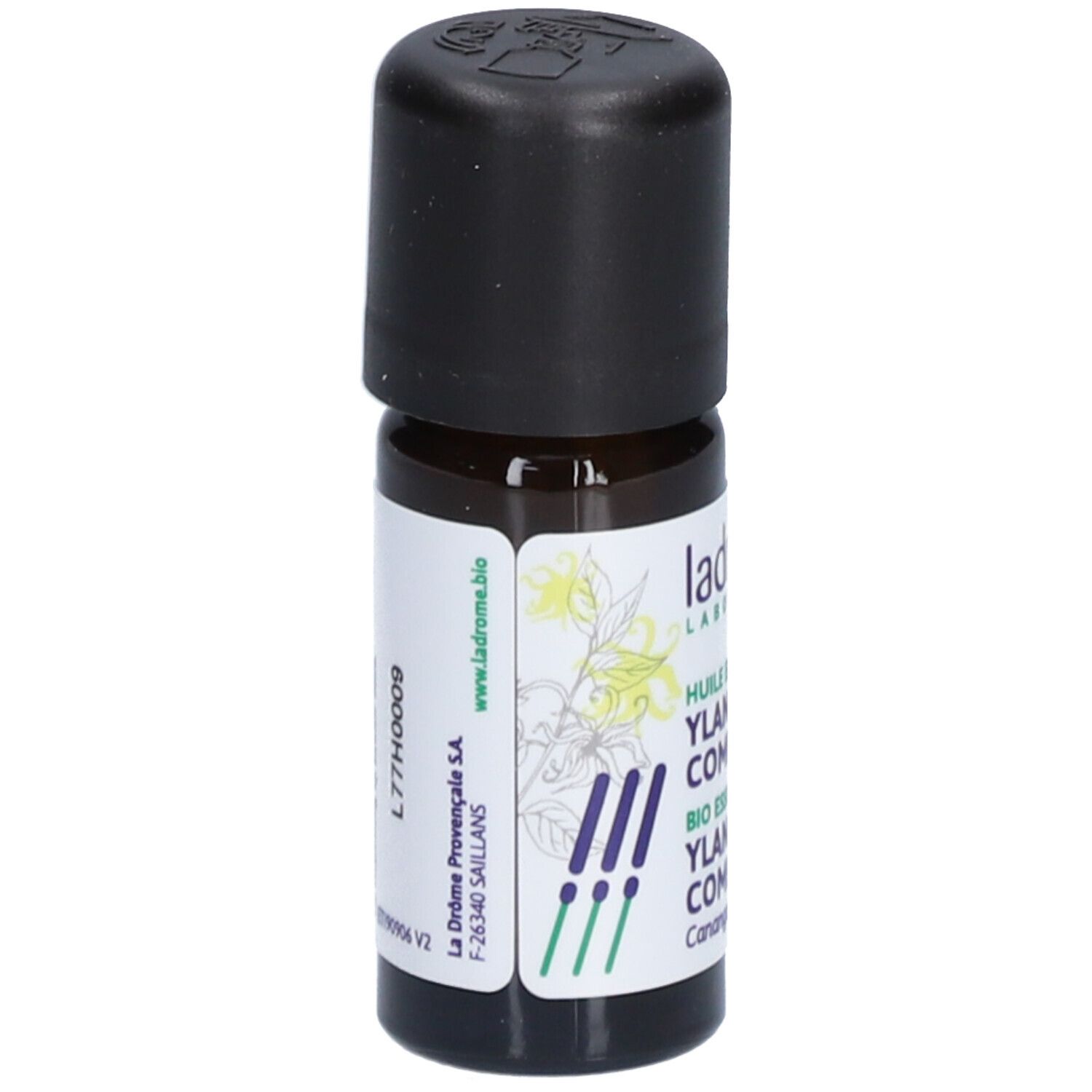 Bruine glazen fles met zwarte dop en etiket. Ylang-Ylang staat op het etiket.