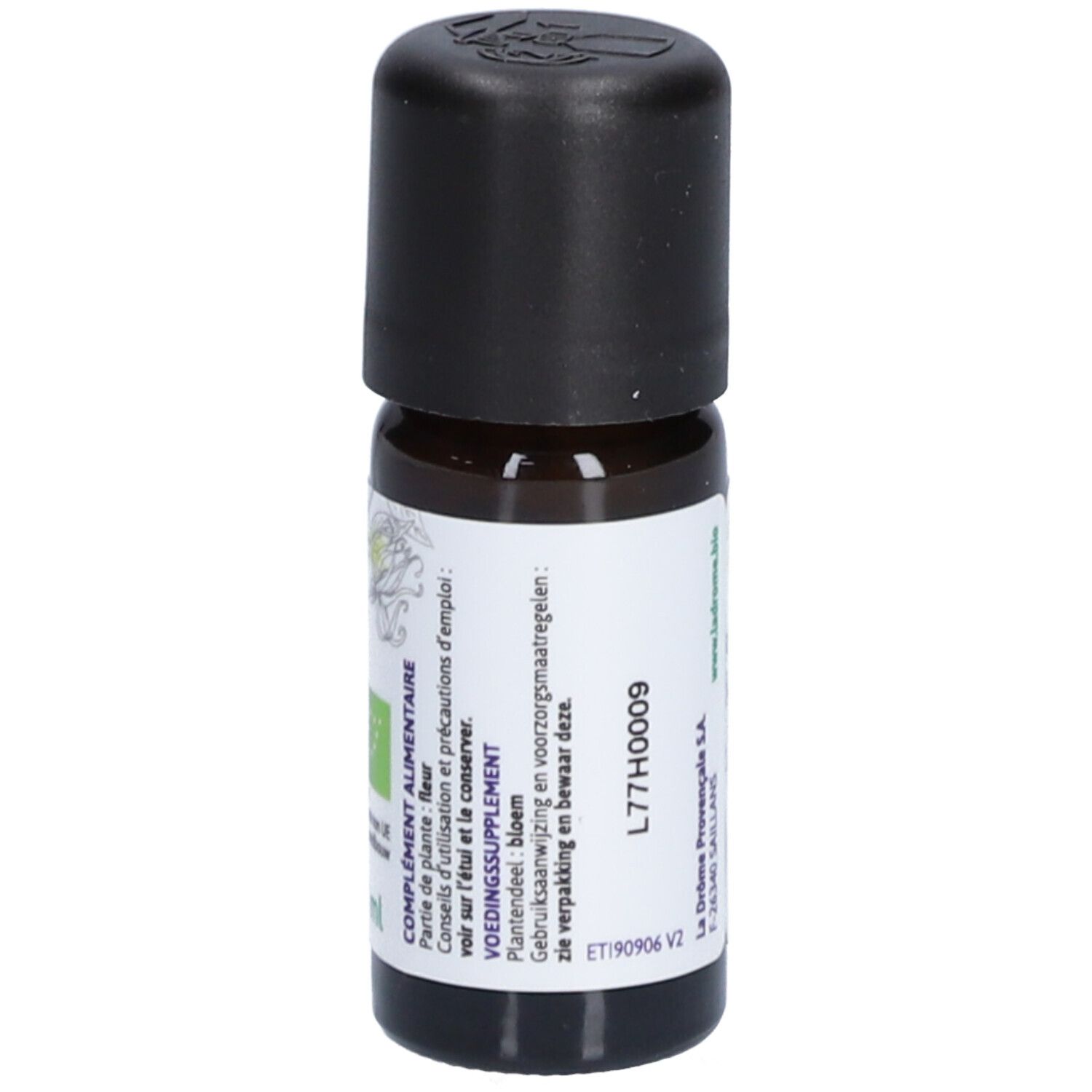 Bruine glazen fles met zwarte dop en etiket. Ylang-Ylang staat op het etiket.