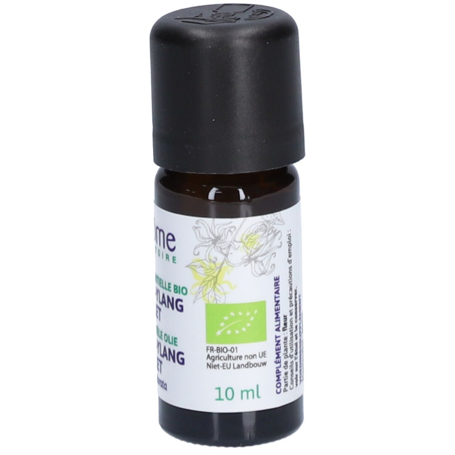 Bruine glazen fles met zwarte dop en etiket. Ylang-Ylang staat op het etiket.