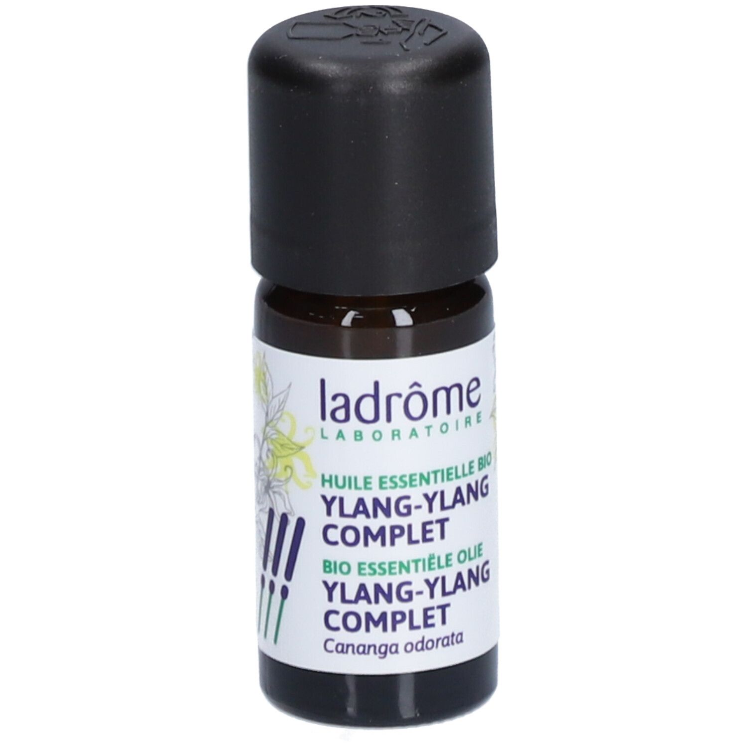 Bruine glazen fles met zwarte dop en etiket. Ylang-Ylang staat op het etiket.