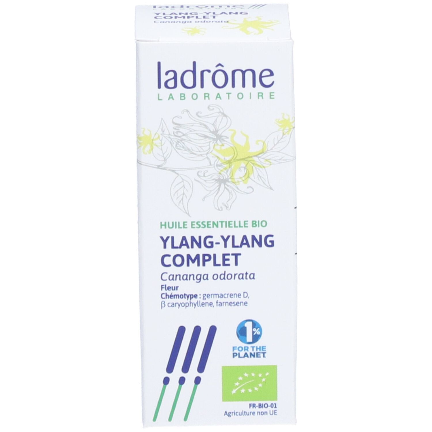 Witte doos met productinformatie en logo. Ylang-Ylang is afgedrukt.