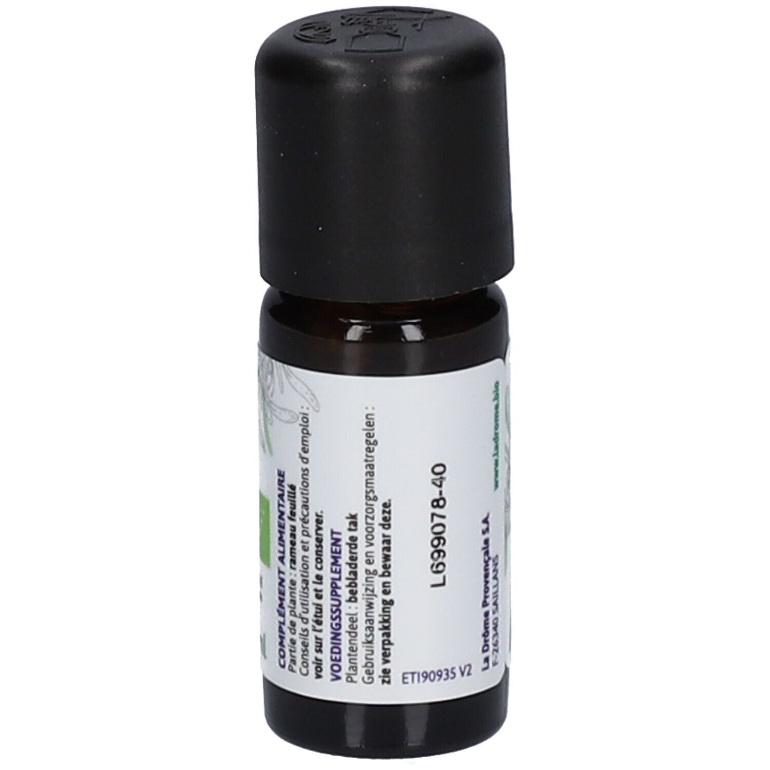 Flacon en verre brun avec bouchon noir. Étiquette avec informations produit. Fond blanc.