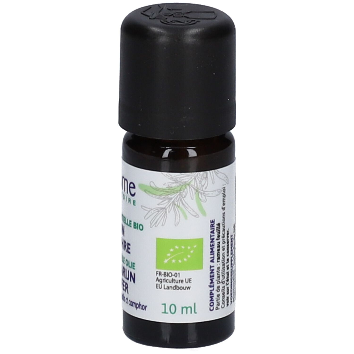Flacon en verre brun avec bouchon noir. Étiquette avec informations produit. Fond blanc.