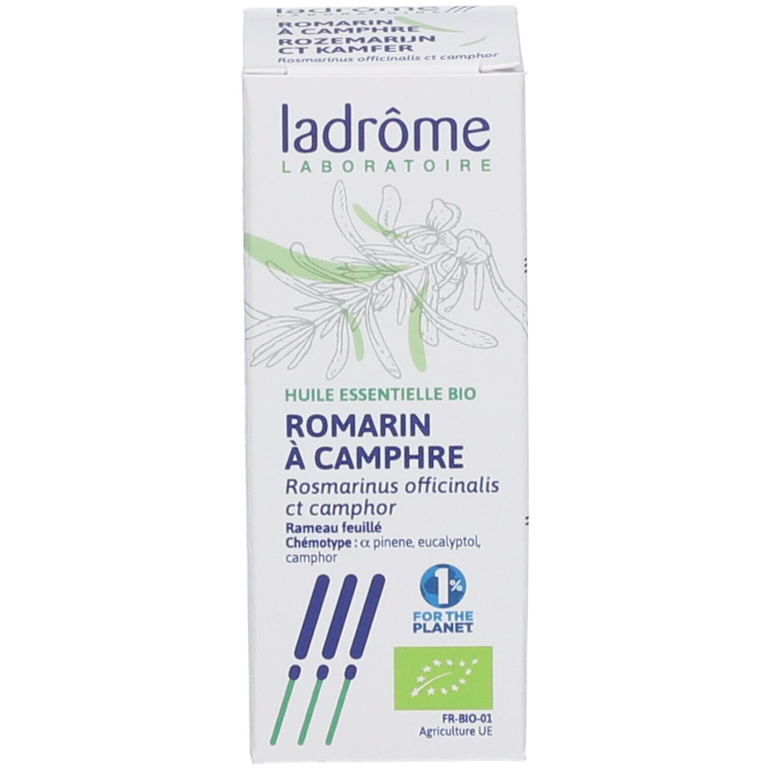 Boîte blanche avec informations produit et logo. Fond blanc.