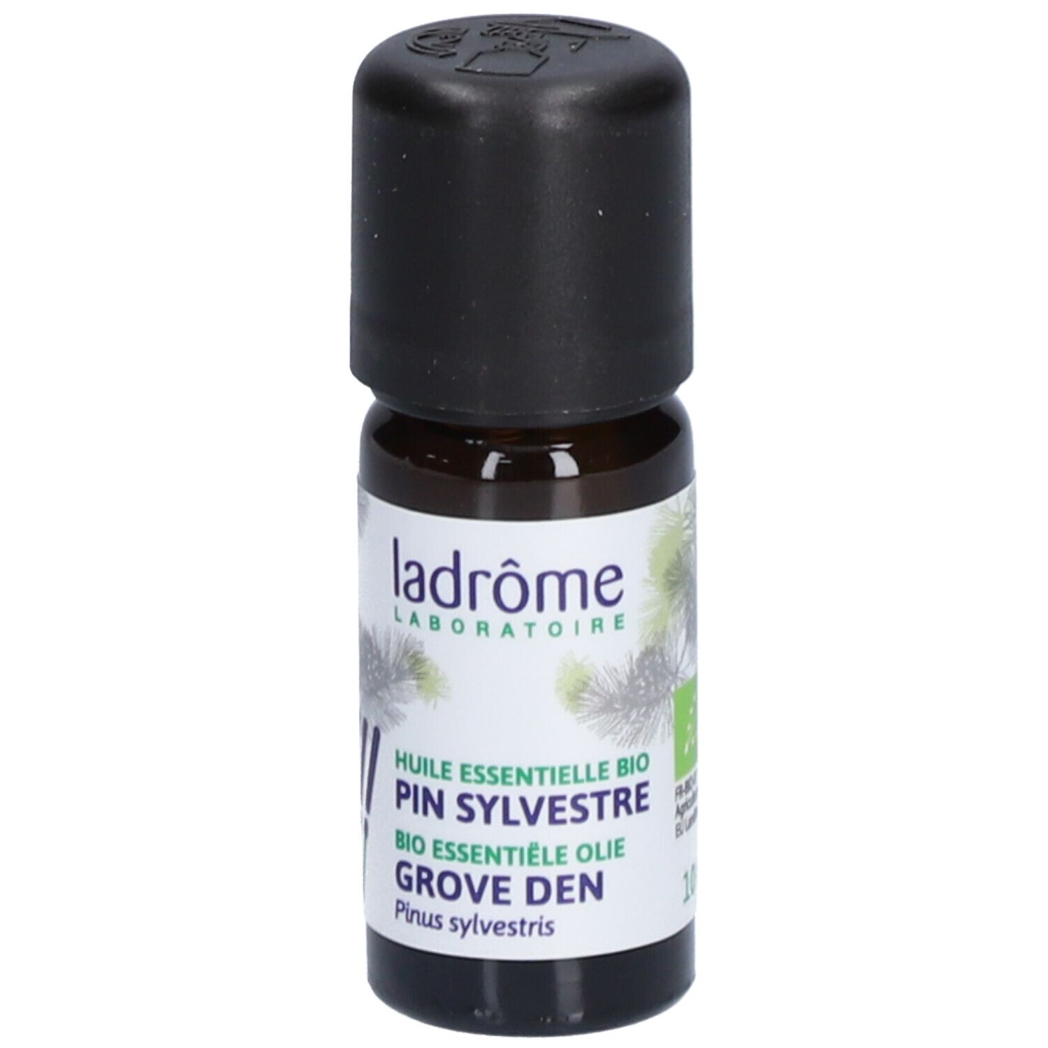 Bruine glazen fles met zwarte dop. Opschrift: Huile Essentielle Bio Pin Sylvestre, 10 ml.