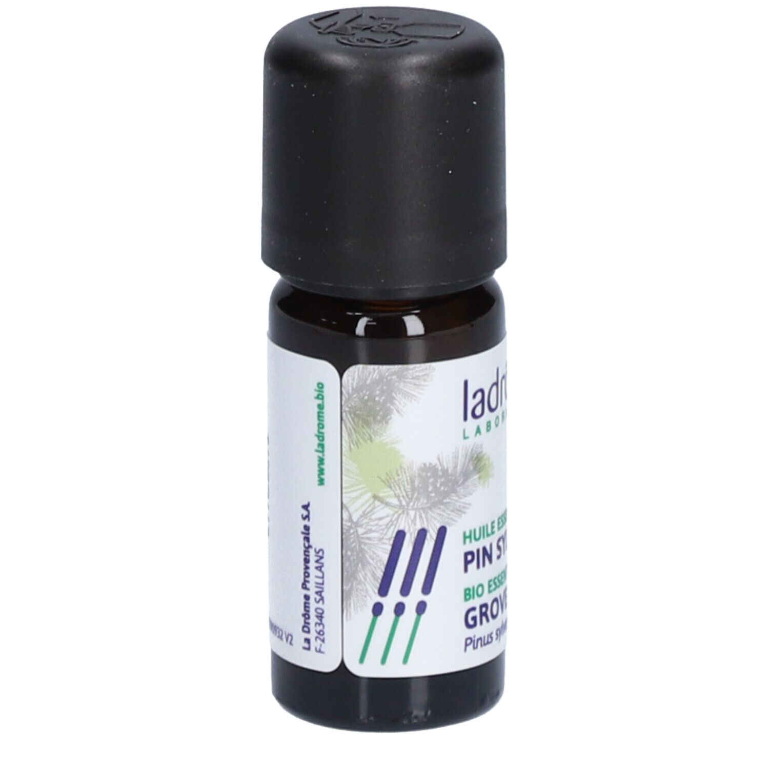 Bruine glazen fles met zwarte dop. Opschrift: Huile Essentielle Bio Pin Sylvestre, 10 ml.