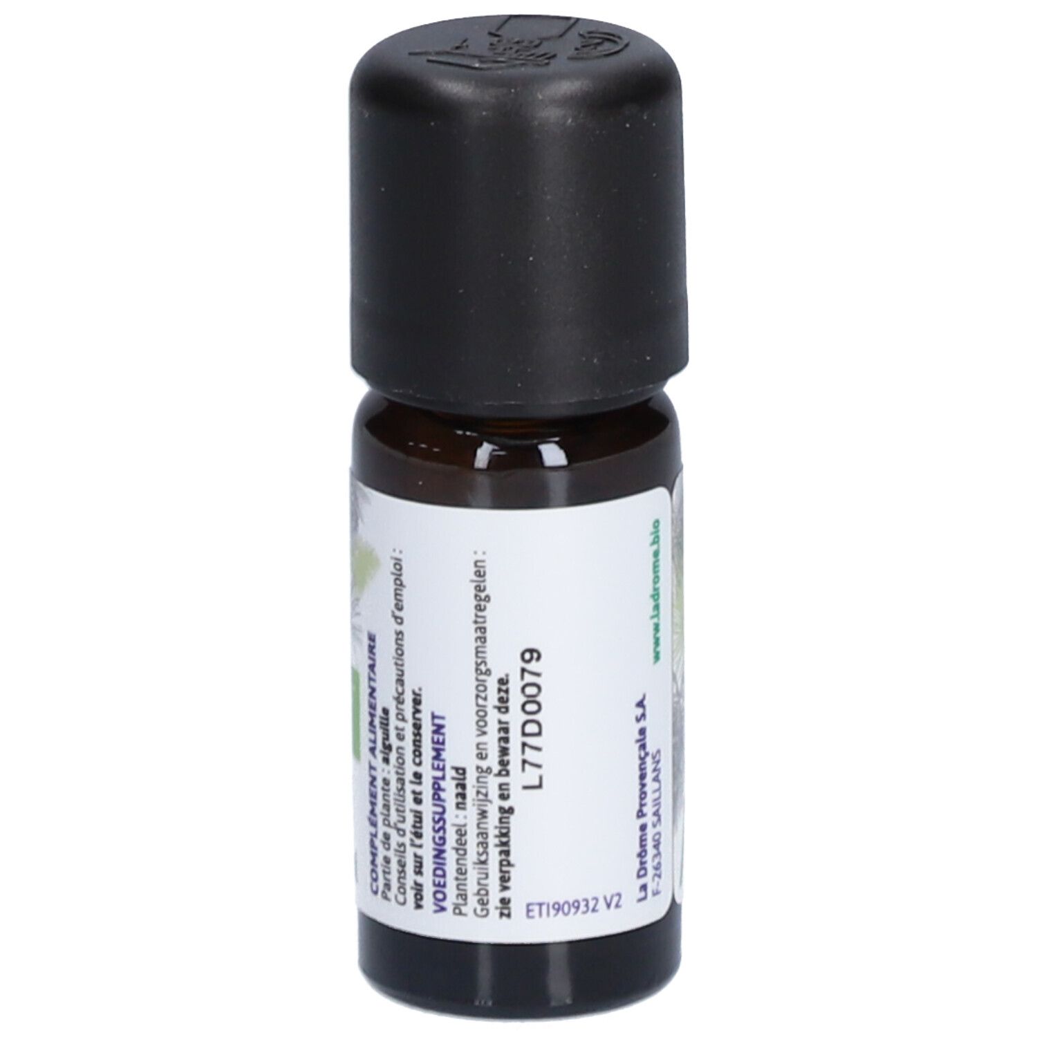 Bruine glazen fles met zwarte dop. Opschrift: Huile Essentielle Bio Pin Sylvestre, 10 ml.