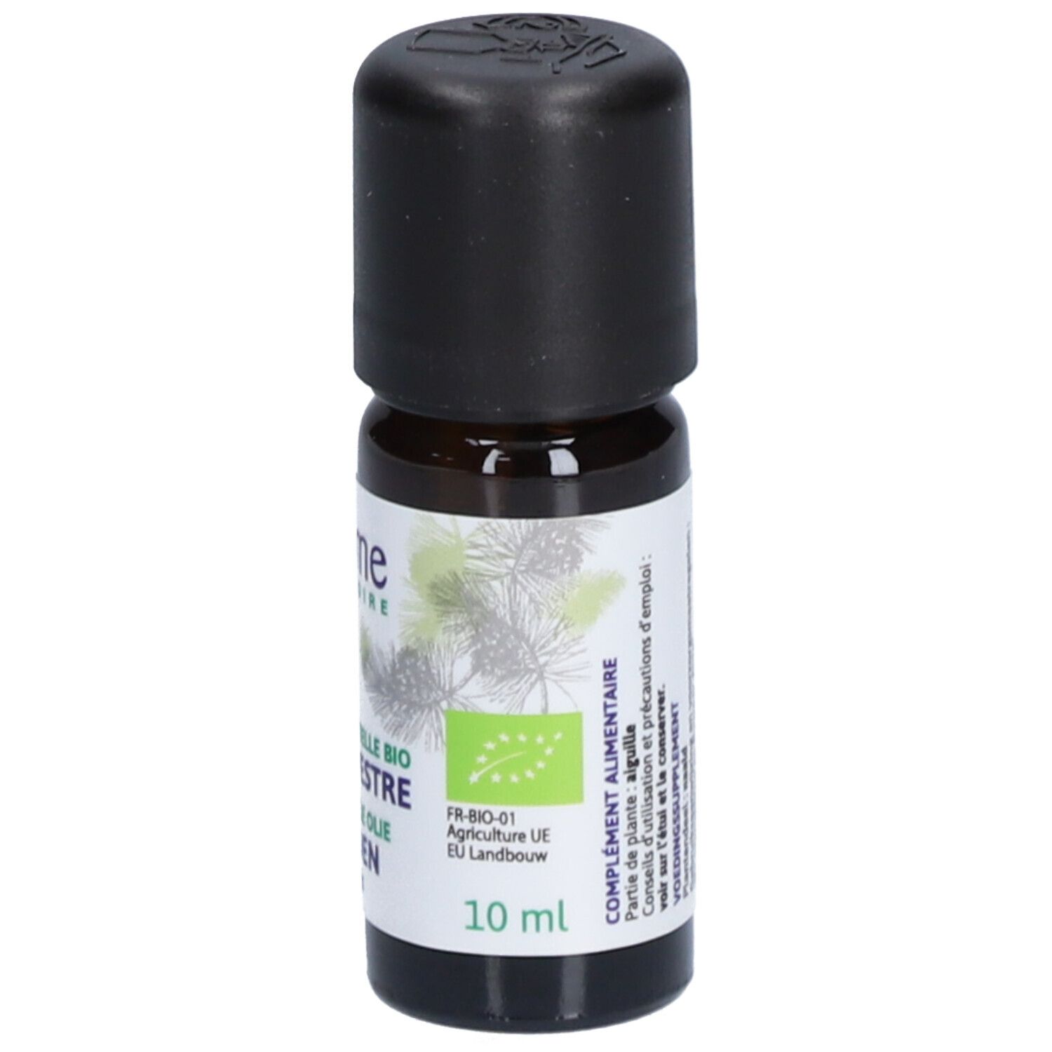 Bruine glazen fles met zwarte dop. Opschrift: Huile Essentielle Bio Pin Sylvestre, 10 ml.