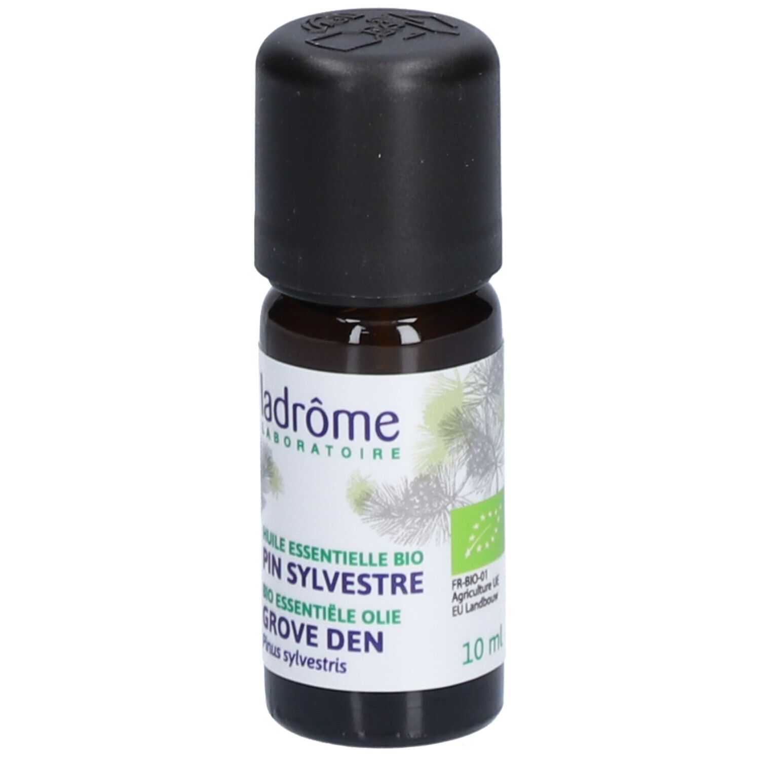 Bruine glazen fles met zwarte dop. Opschrift: Huile Essentielle Bio Pin Sylvestre, 10 ml.