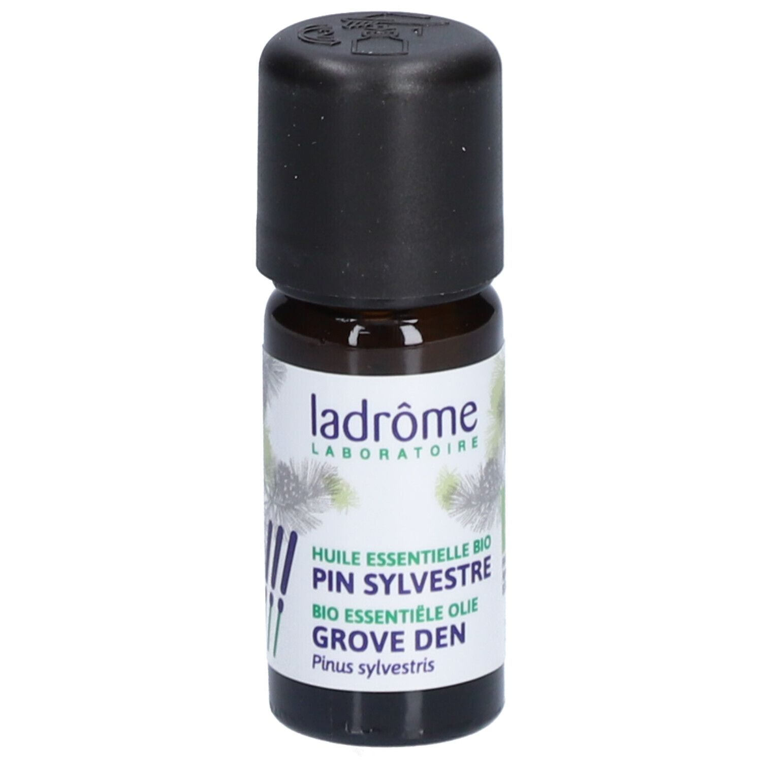 Bruine glazen fles met zwarte dop. Opschrift: Huile Essentielle Bio Pin Sylvestre, 10 ml.