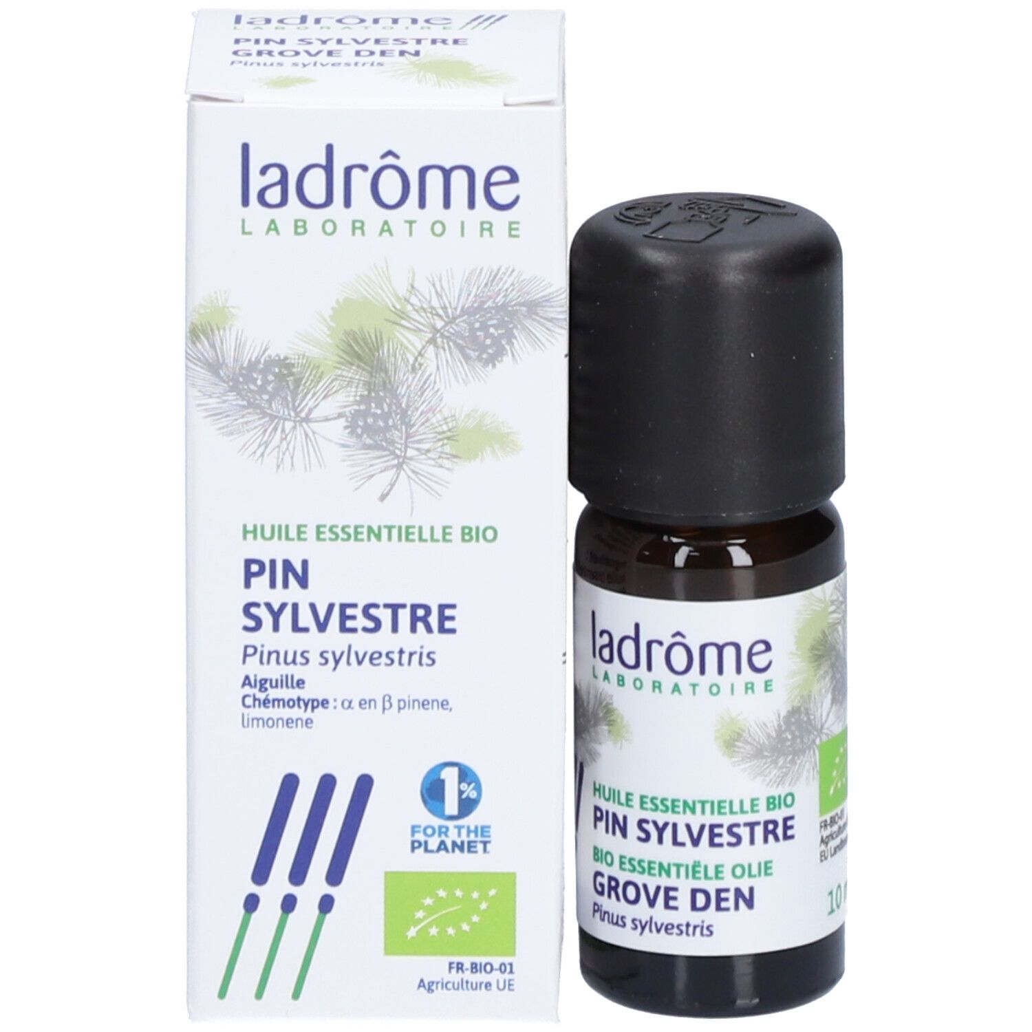 Bruine glazen fles met zwarte dop en doos. Opschrift: Huile Essentielle Bio Pin Sylvestre, 10 ml.