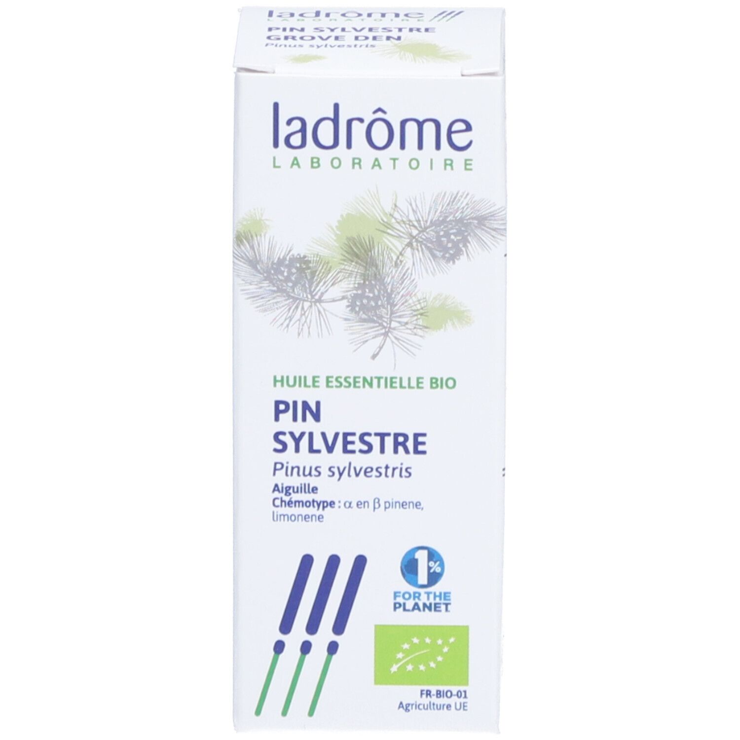Doos met opschrift: Huile Essentielle Bio Pin Sylvestre. Met logo en certificering.