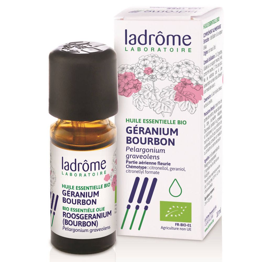 Braune Glasflasche mit schwarzem Deckel und weißer Verpackung. Aufschrift: Ladrome, ätherisches Öl, Rosengeranie.