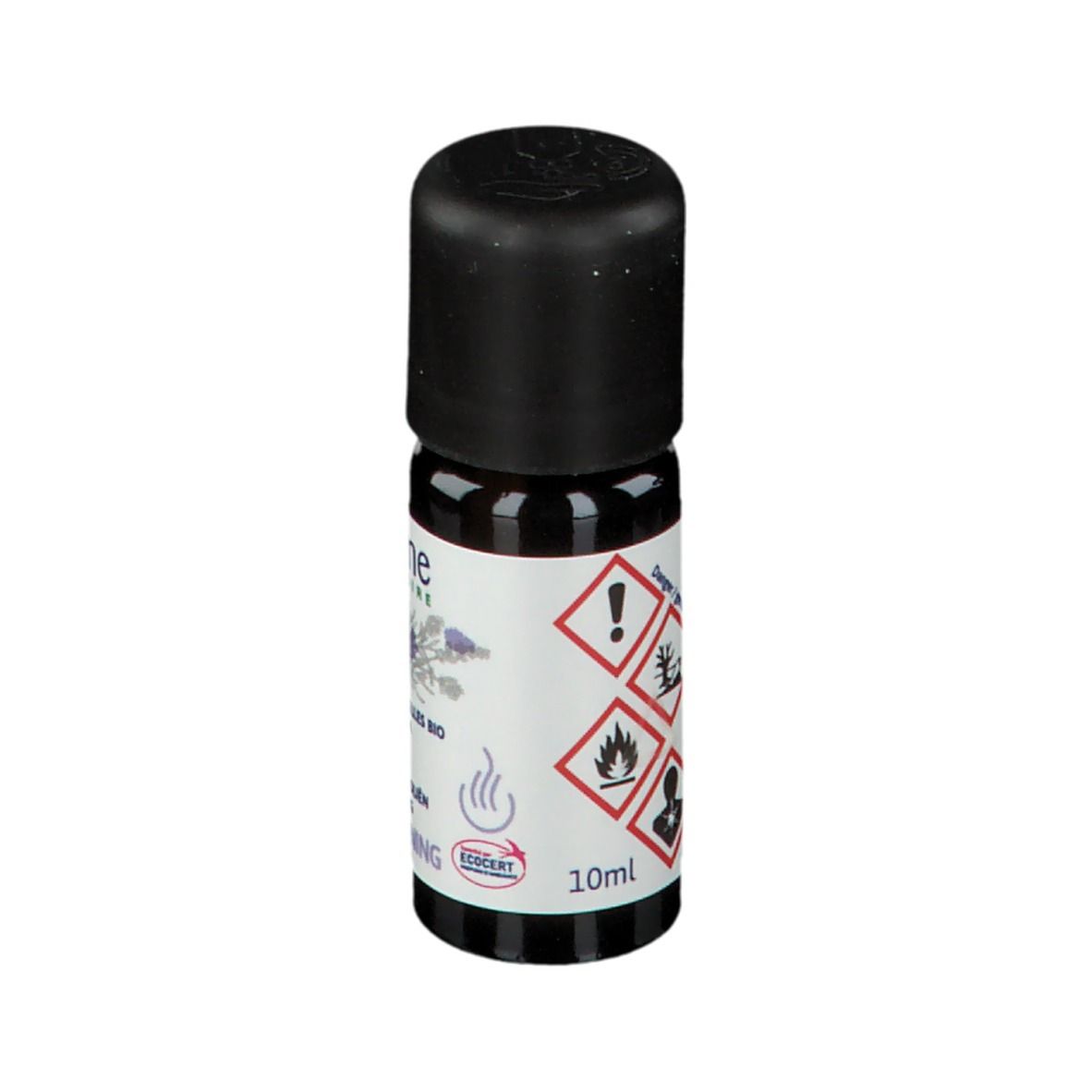 Bruine glazen fles met zwarte dop. Etiket met waarschuwingssymbolen en tekst: 10ml. Logo en productnaam zichtbaar.