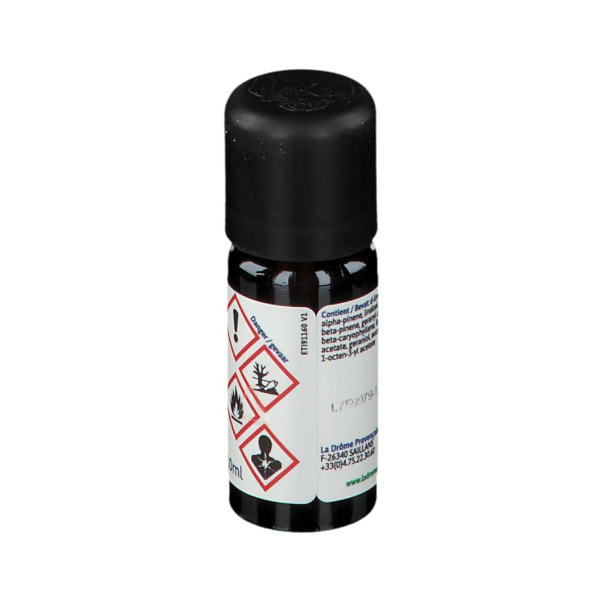 Bruine glazen fles met zwarte dop. Etiket met waarschuwingssymbolen, tekst: 10ml en ingrediënten. Logo en productnaam zichtbaar.
