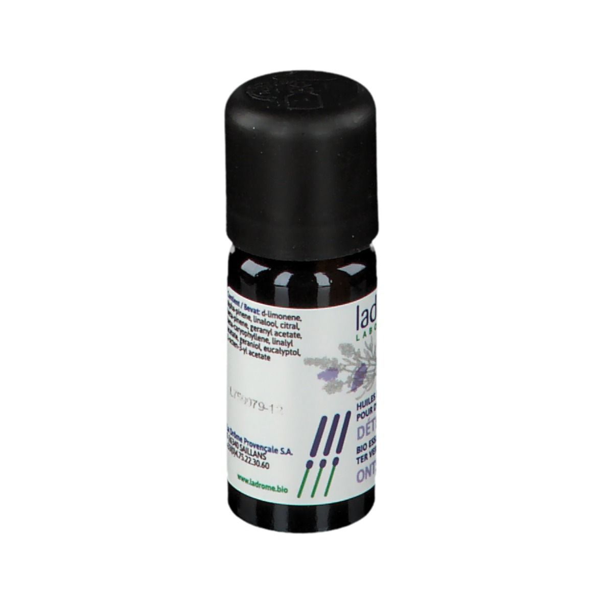Bruine glazen fles met zwarte dop. Etiket met ingrediënten en logo. Productnaam: Détente. Tekst: Huiles essentielles bio.