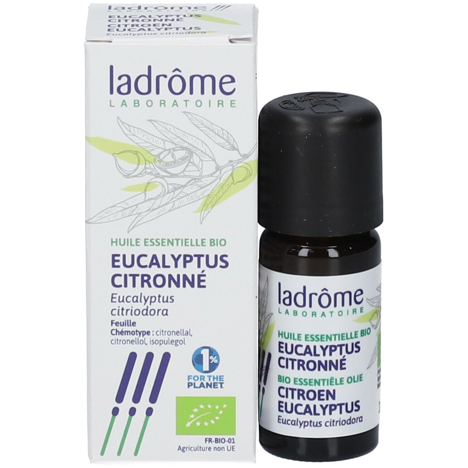 Braune Glasflasche mit schwarzem Deckel und weißer Verpackung. Beschriftung: Ladrôme, Ätherisches Öl, Eukalyptus Zitrone Bio.