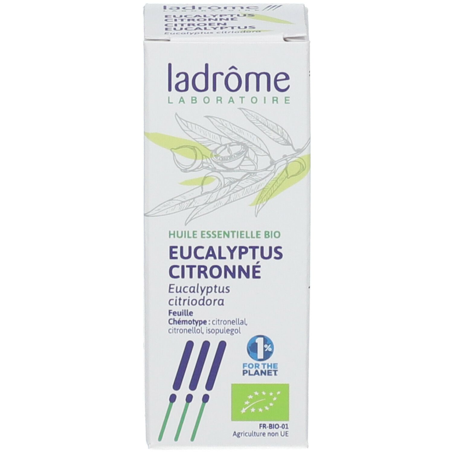 Weiße Verpackung mit brauner Glasflasche und schwarzem Deckel. Beschriftung: Ladrôme, Ätherisches Öl, Eukalyptus Zitrone Bio.