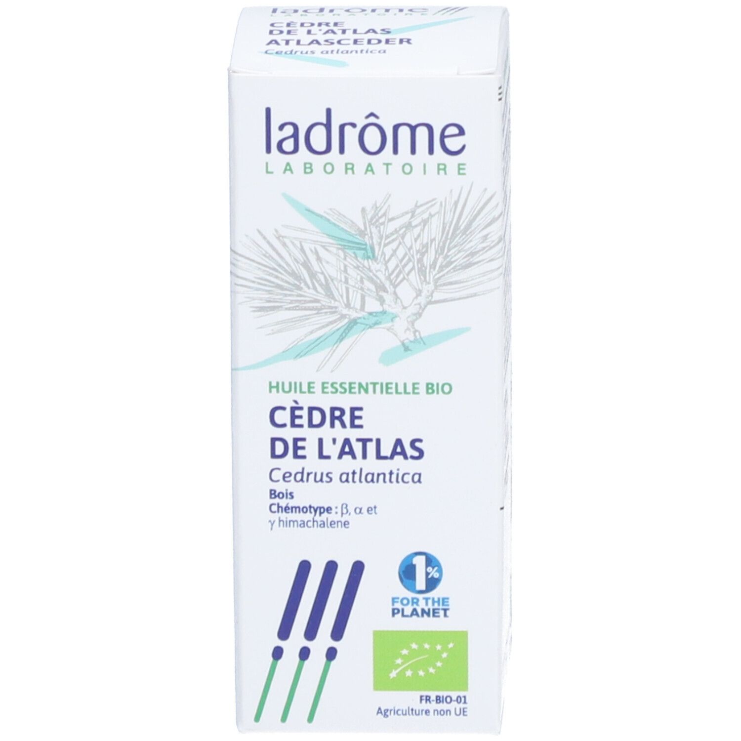 Boîte blanche avec informations produit et logo. La boîte affiche les noms des produits et les certifications.