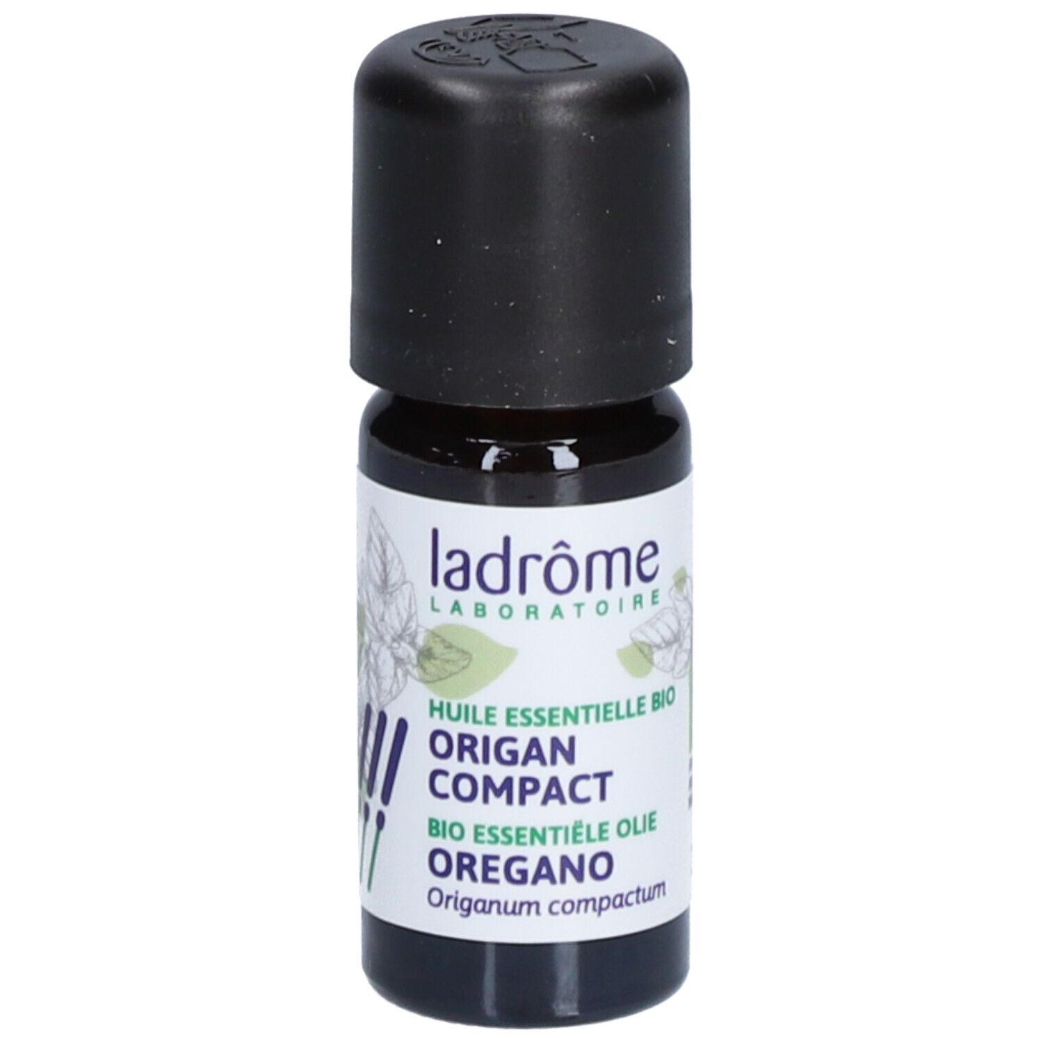 Flacon en verre brun avec bouchon noir et étiquette. Ladrôme Origan kompakt. Huile essentielle bio Origan. 10 ml.
