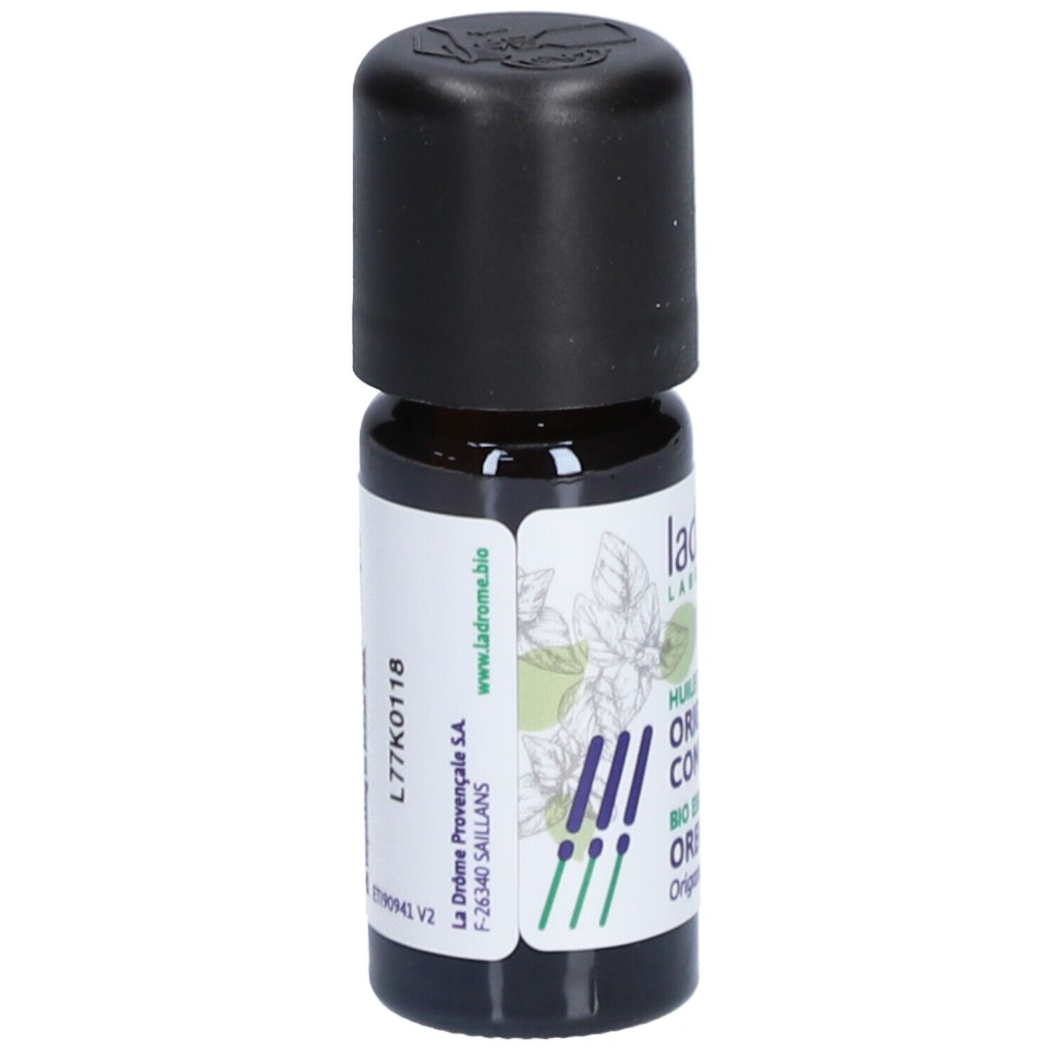 Flacon en verre brun avec bouchon noir et étiquette. Ladrôme Origan kompakt. Huile essentielle bio Origan. 10 ml.