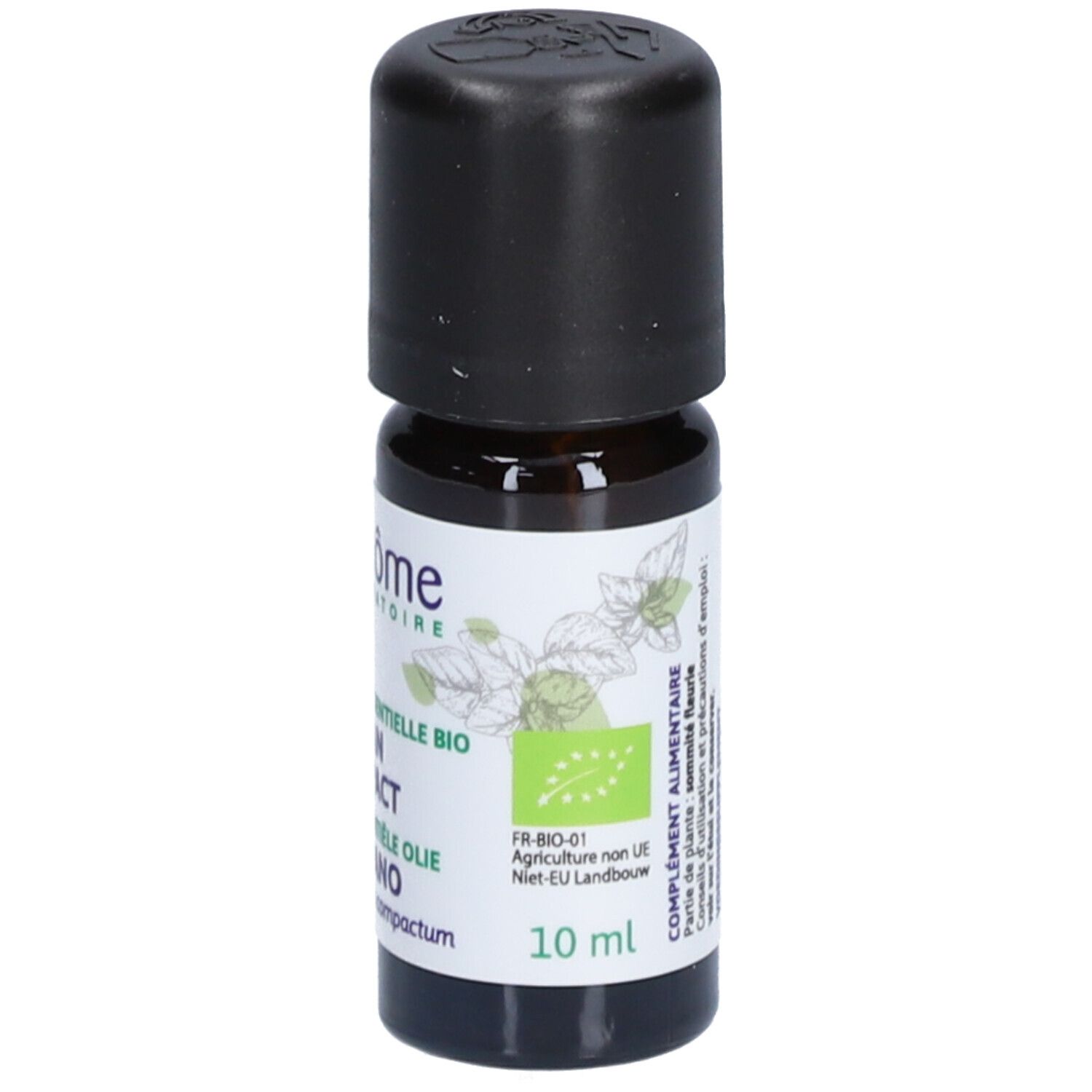 Flacon en verre brun avec bouchon noir et étiquette. Ladrôme Origan kompakt. Huile essentielle bio Origan. 10 ml.