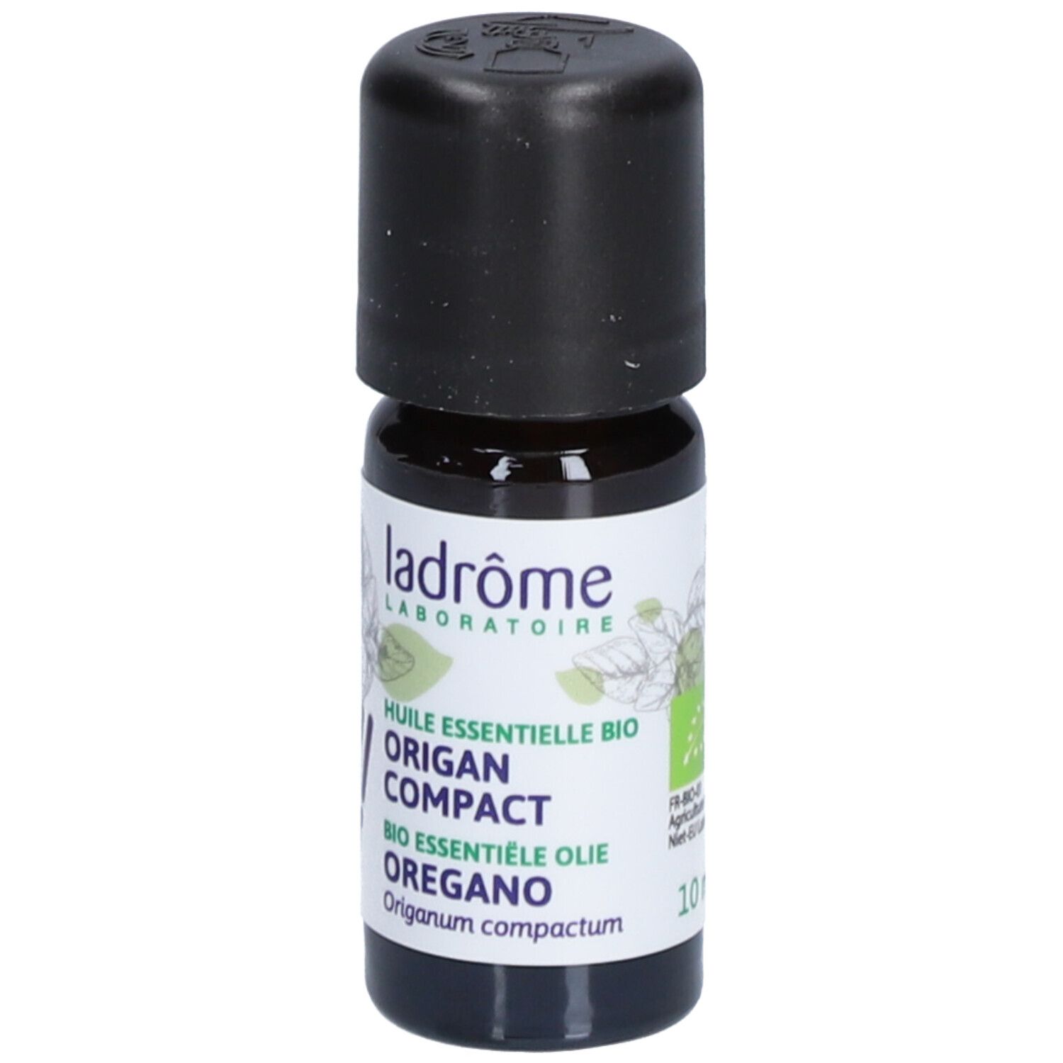 Flacon en verre brun avec bouchon noir et étiquette. Ladrôme Origan kompakt. Huile essentielle bio Origan. 10 ml.