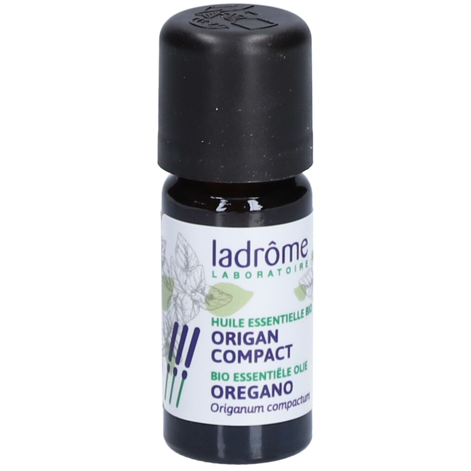 Flacon en verre brun avec bouchon noir et étiquette. Ladrôme Origan kompakt. Huile essentielle bio Origan. 10 ml.