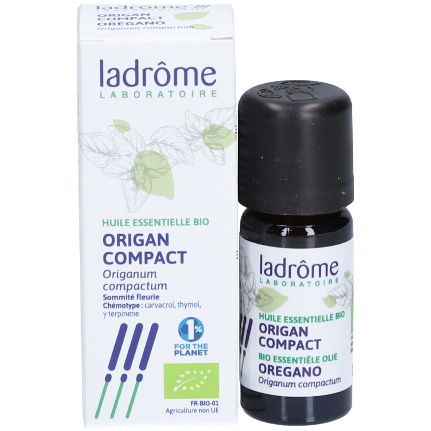 Flacon en verre brun avec bouchon noir et étiquette. Boîte blanche avec informations produit. Ladrôme Origan kompakt.