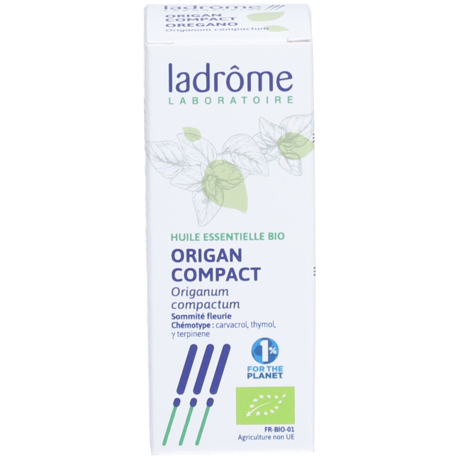 Boîte blanche avec informations produit. Ladrôme Origan kompakt. Huile essentielle bio Origan. Avec certification.