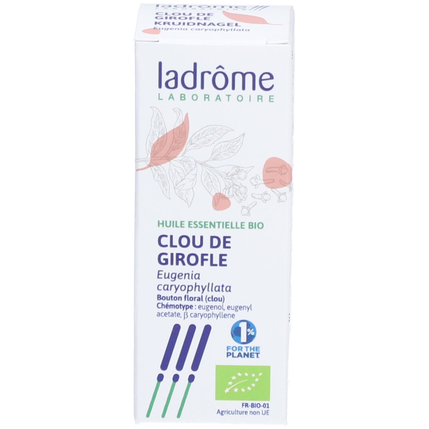 Boîte blanche avec informations produit et label bio. Imprimé: 'Huile essentielle bio'.