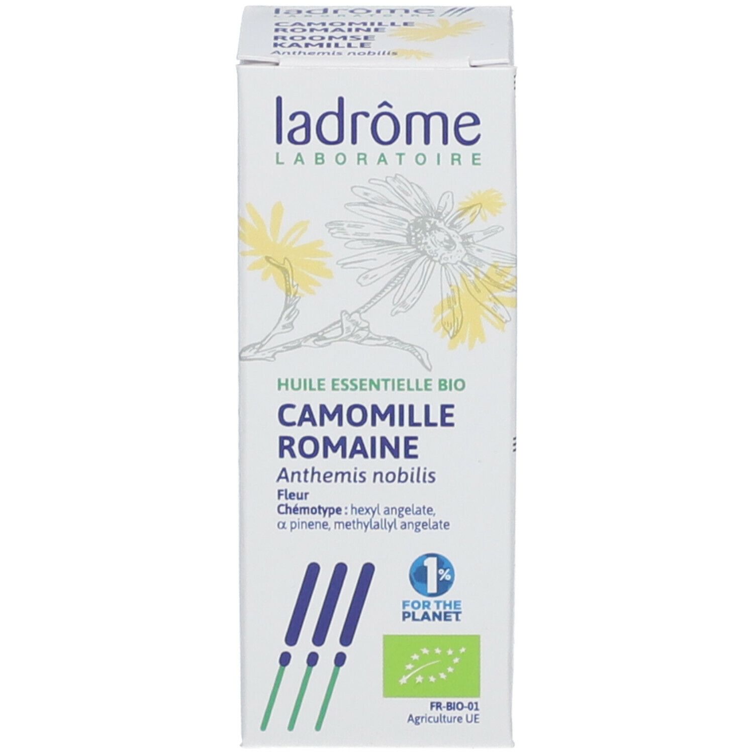 Boîte avec informations produit et logo. Flacon avec bouchon noir et étiquette à côté.