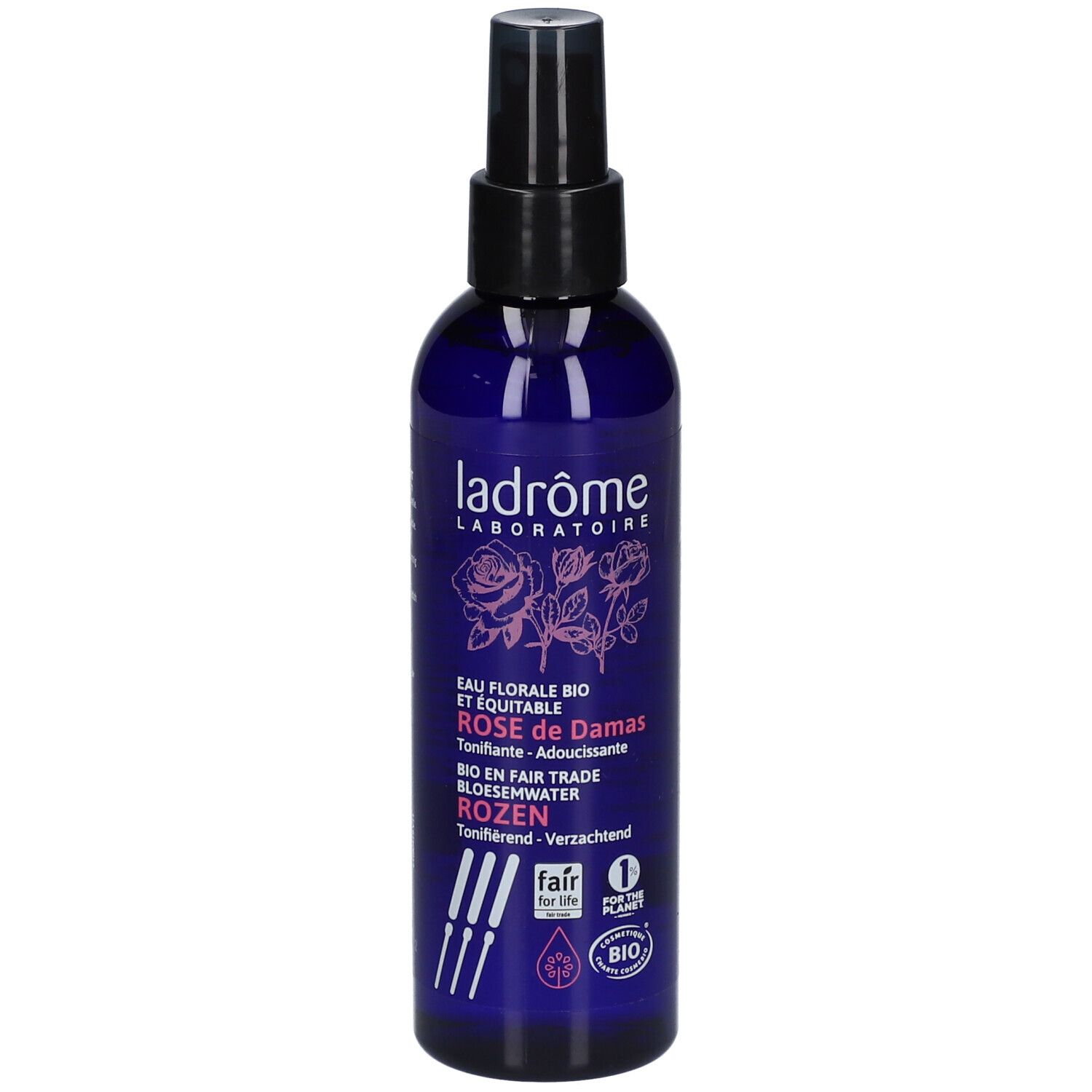 Flacon pulvérisateur bleu avec bouchon noir. Inscription : Ladrôme, Rose de Damas, Bio. Label Fair for Life.