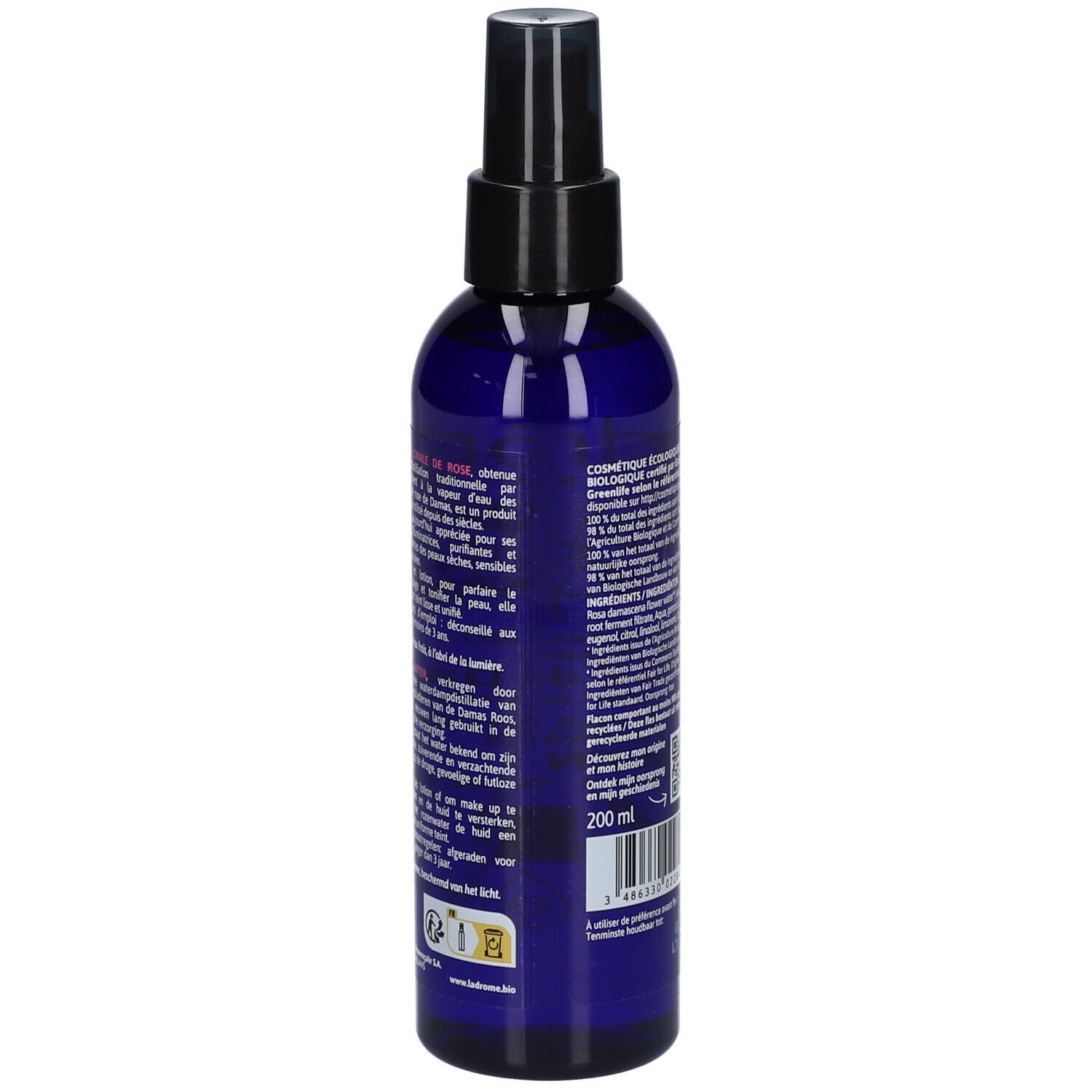 Dos du flacon pulvérisateur bleu. Texte multilingue. Volume : 200 ml. Certification Bio.