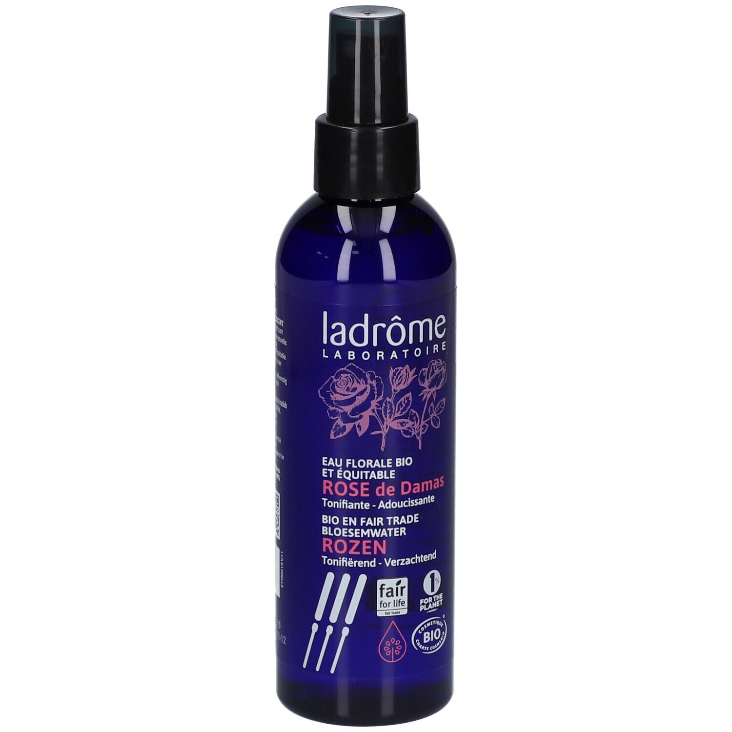Flacon pulvérisateur bleu avec bouchon noir. Inscription : Ladrôme, Rose de Damas, Bio. Label Fair for Life.
