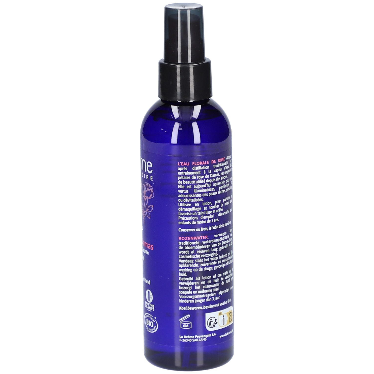 Dos du flacon pulvérisateur bleu. Texte multilingue. Volume : 200 ml. Certification Bio.