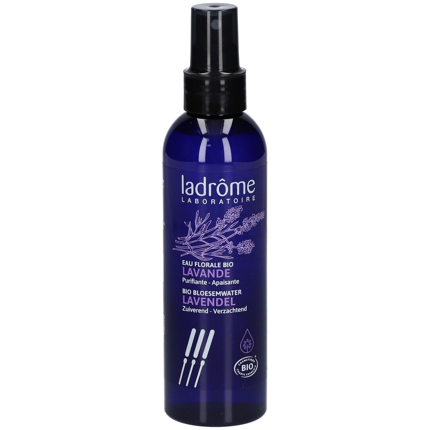Blauwe fles met verstuiver. Opschrift: Ladrôme, Eau Florale Bio Lavande. Bio-label.