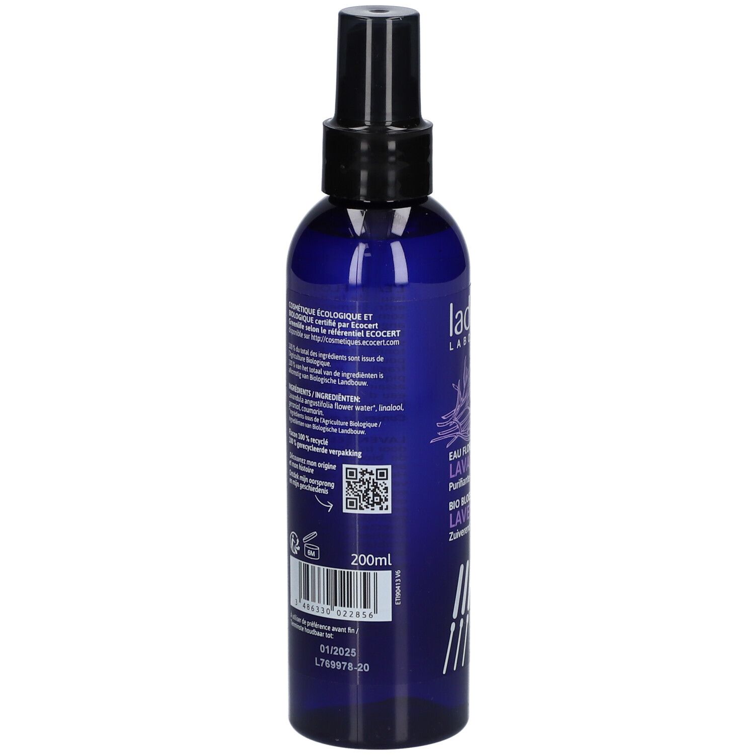 Blauwe fles met verstuiver. Achterkant met tekst en QR-code. Opschrift: 200ml.