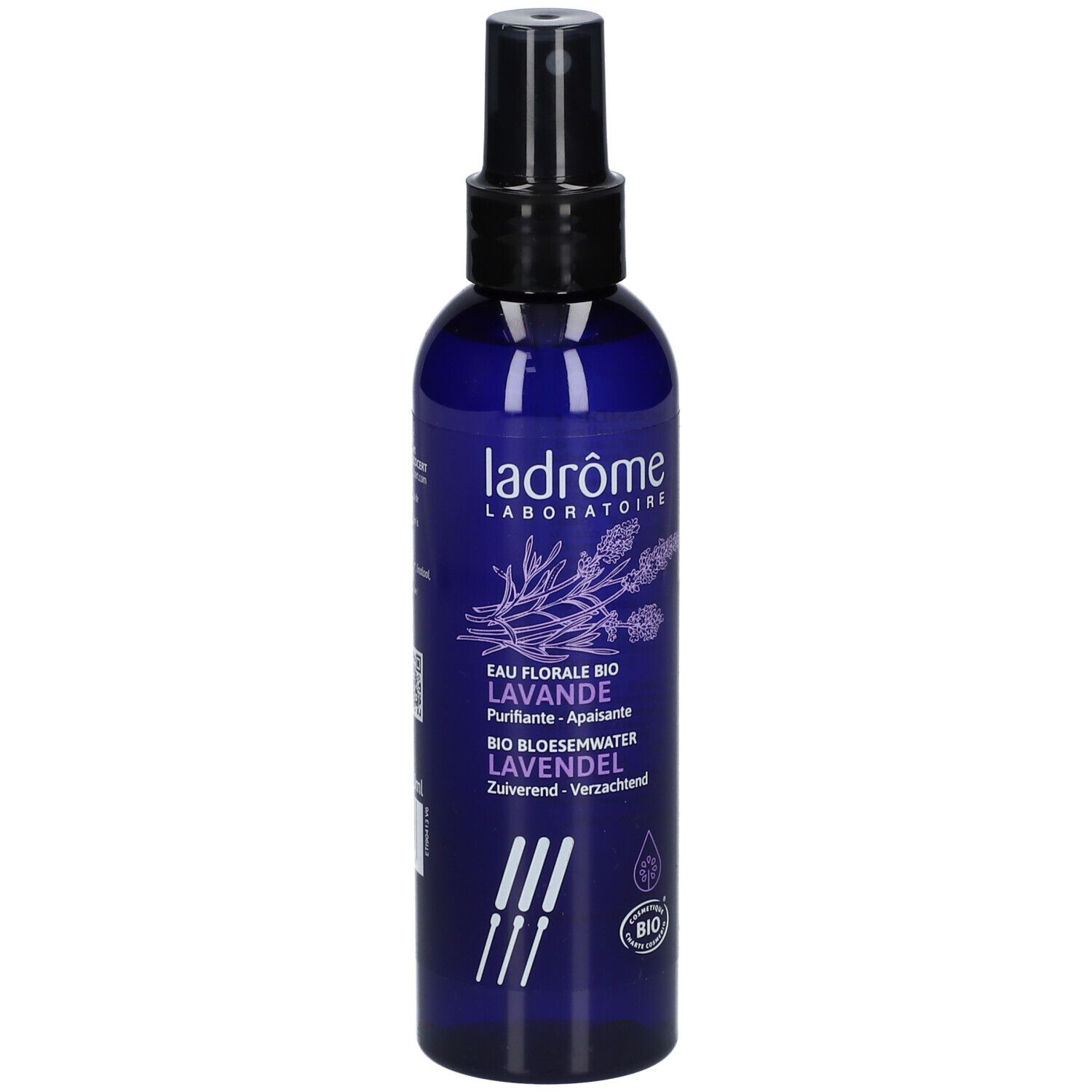 Blauwe fles met verstuiver. Opschrift: Ladrôme, Eau Florale Bio Lavande. Bio-label.