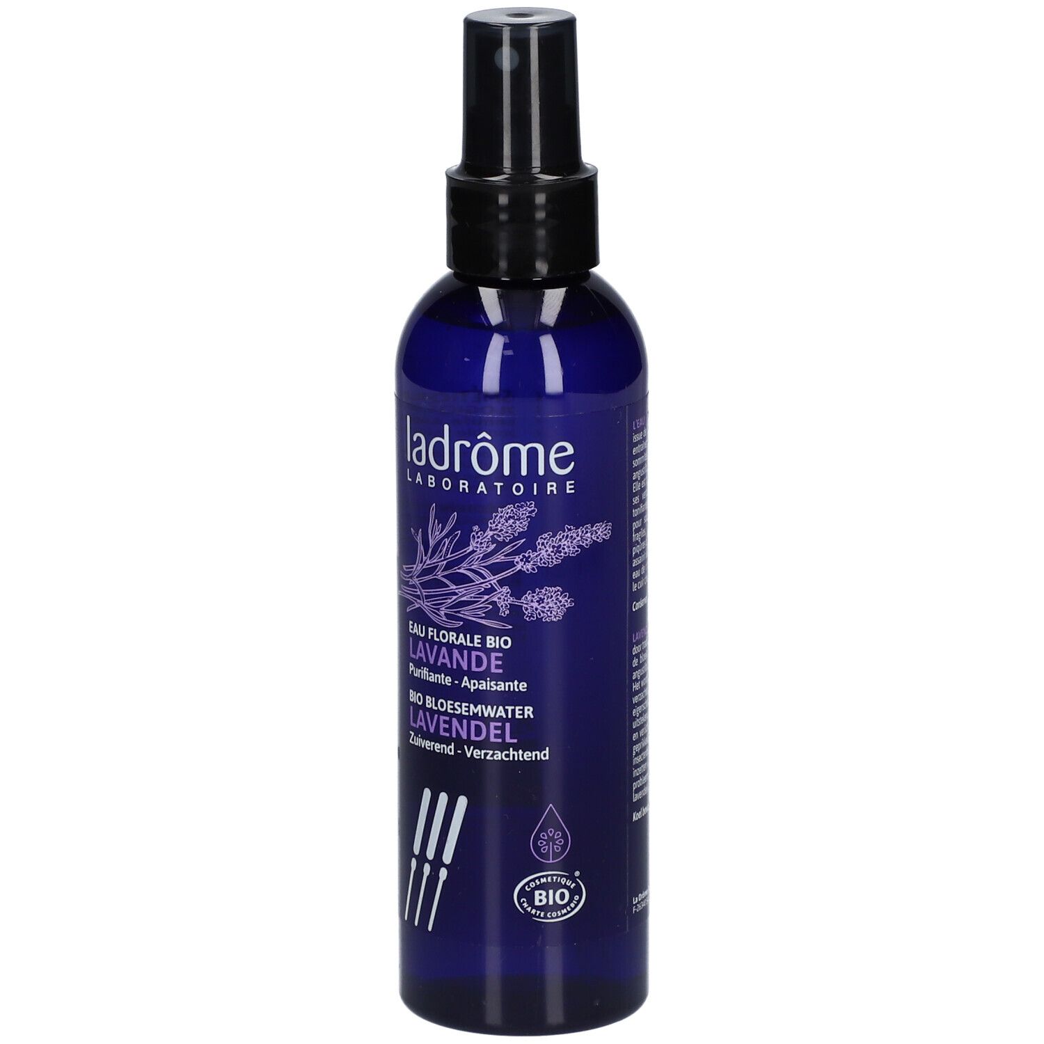 Blauwe fles met verstuiver. Opschrift: Ladrôme, Eau Florale Bio Lavande. Bio-label.