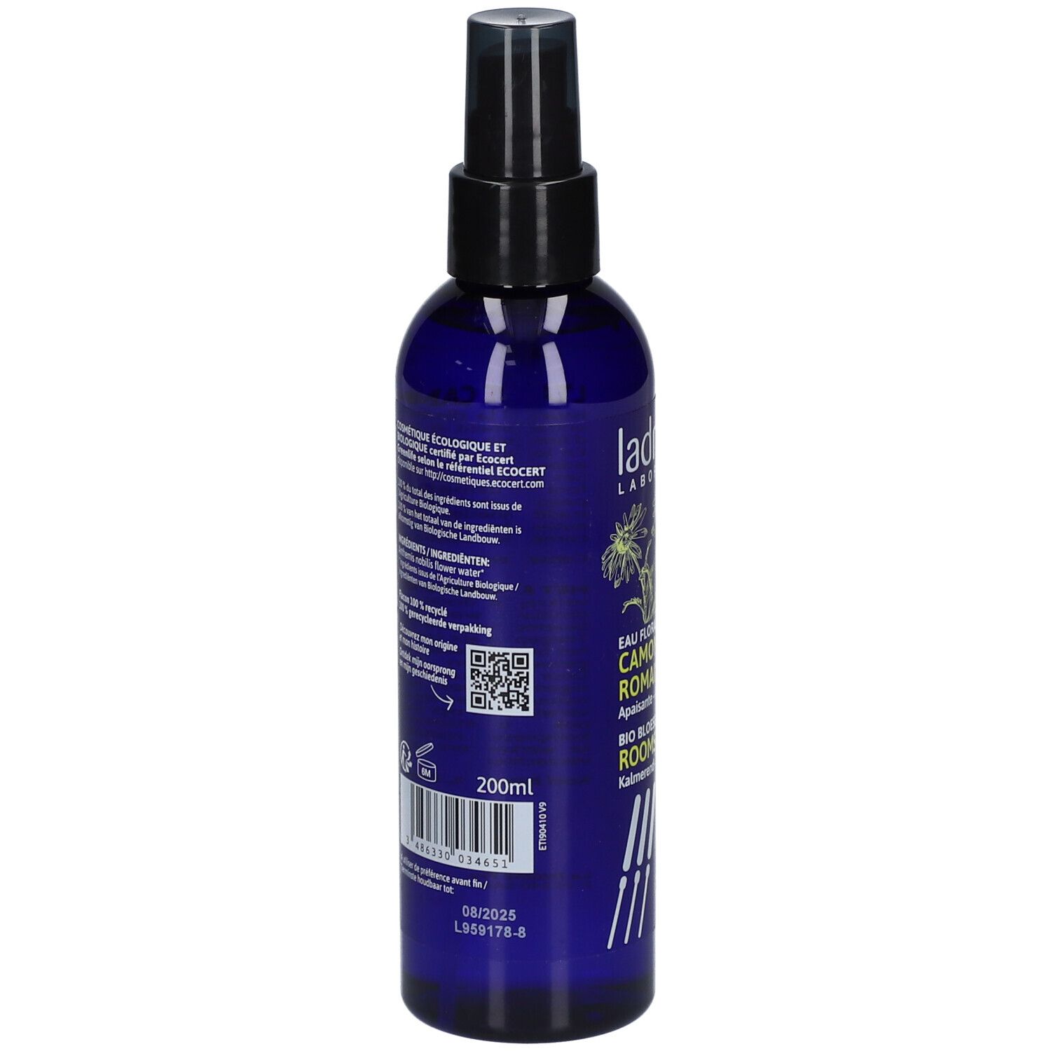 Dos du flacon bleu. Texte et code QR. Volume: 200ml. Date de péremption: 08/2025.