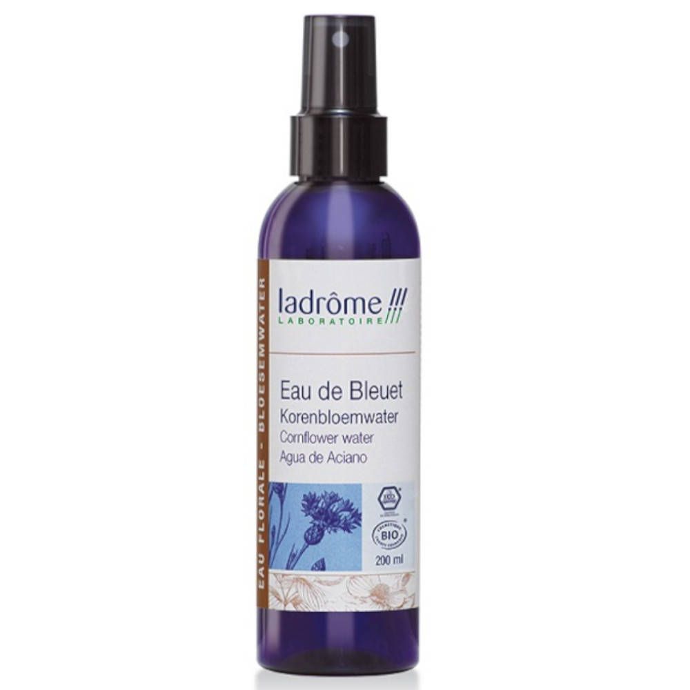 Flacon bleu avec vaporisateur. Inscriptions: Ladrôme, Eau de Bleuet, eau florale, certification Bio.